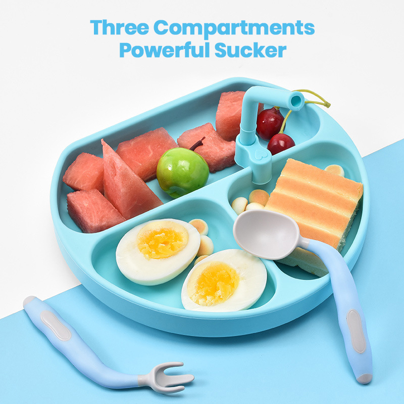 NanaBaby จานก้นดูดซิลิโคน จานหลุมเด็กซิลิโคน จานดูดเด็ก 3 ช่อง มีฝาปิด+หลอดดูด BPA-Free