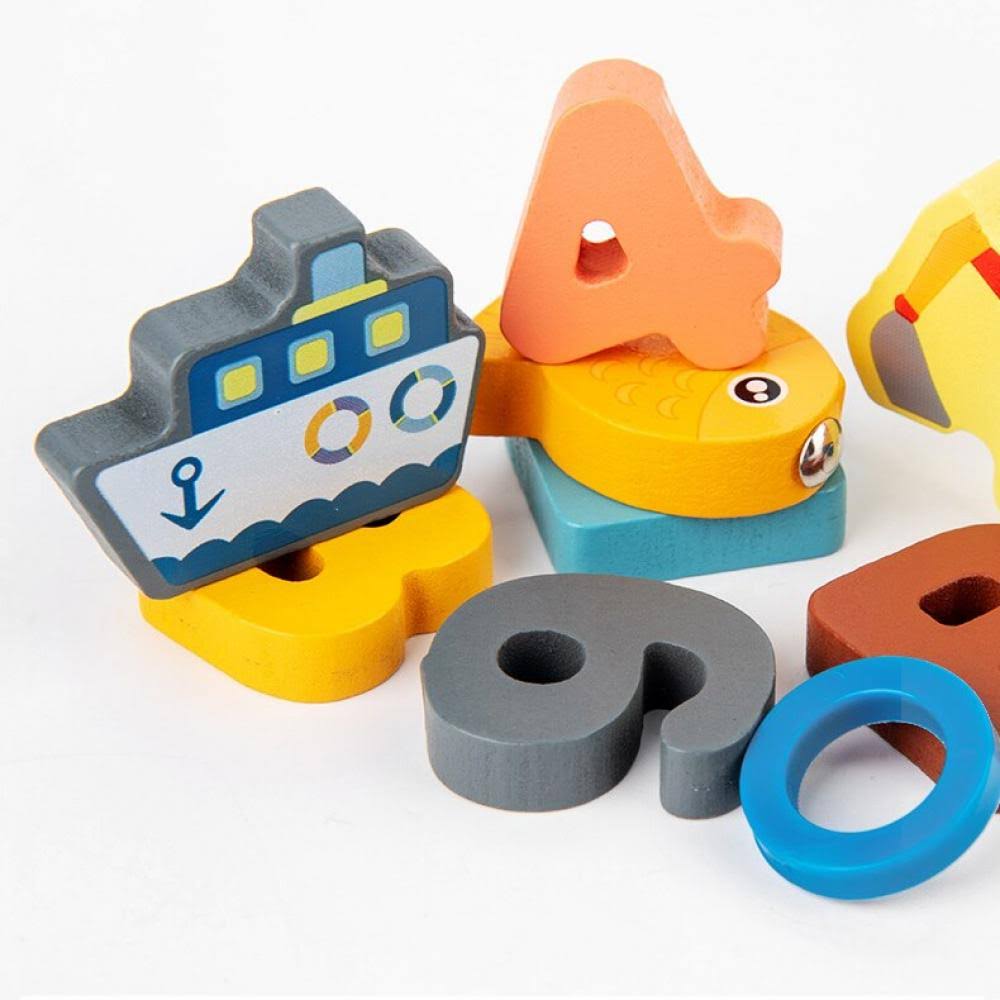 ของเล่นไม้ กระดานจับคู่ 7in1 ตัวเลข ตัวอักษร ยานพาหนะ สวมหลักนับเลข