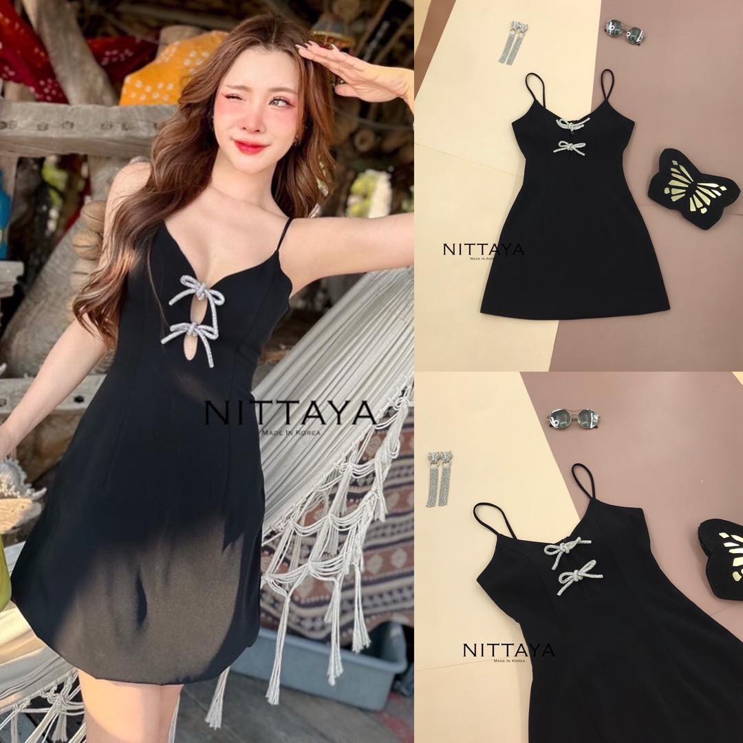 เดรสสายเดี่ยวดำ โบว์เพชร สินค้าคุณภาพ (พร้อมส่ง)
