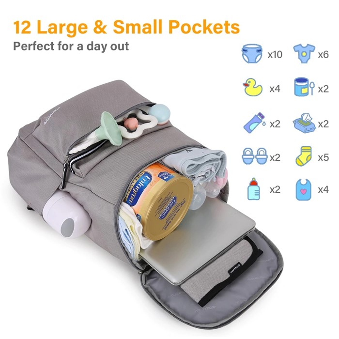 mommore กระเป๋าคุณแม่ กระเป๋าสัมภาระคุณแม่ กระเป๋าแม่ลูกอ่อน กันน้ำ พร้อมแผ่นรองเปลี่ยนผ้าอ้อม จุมาก น้ำหนักเบา เหมาะสำหรับเดินทาง (Grey)