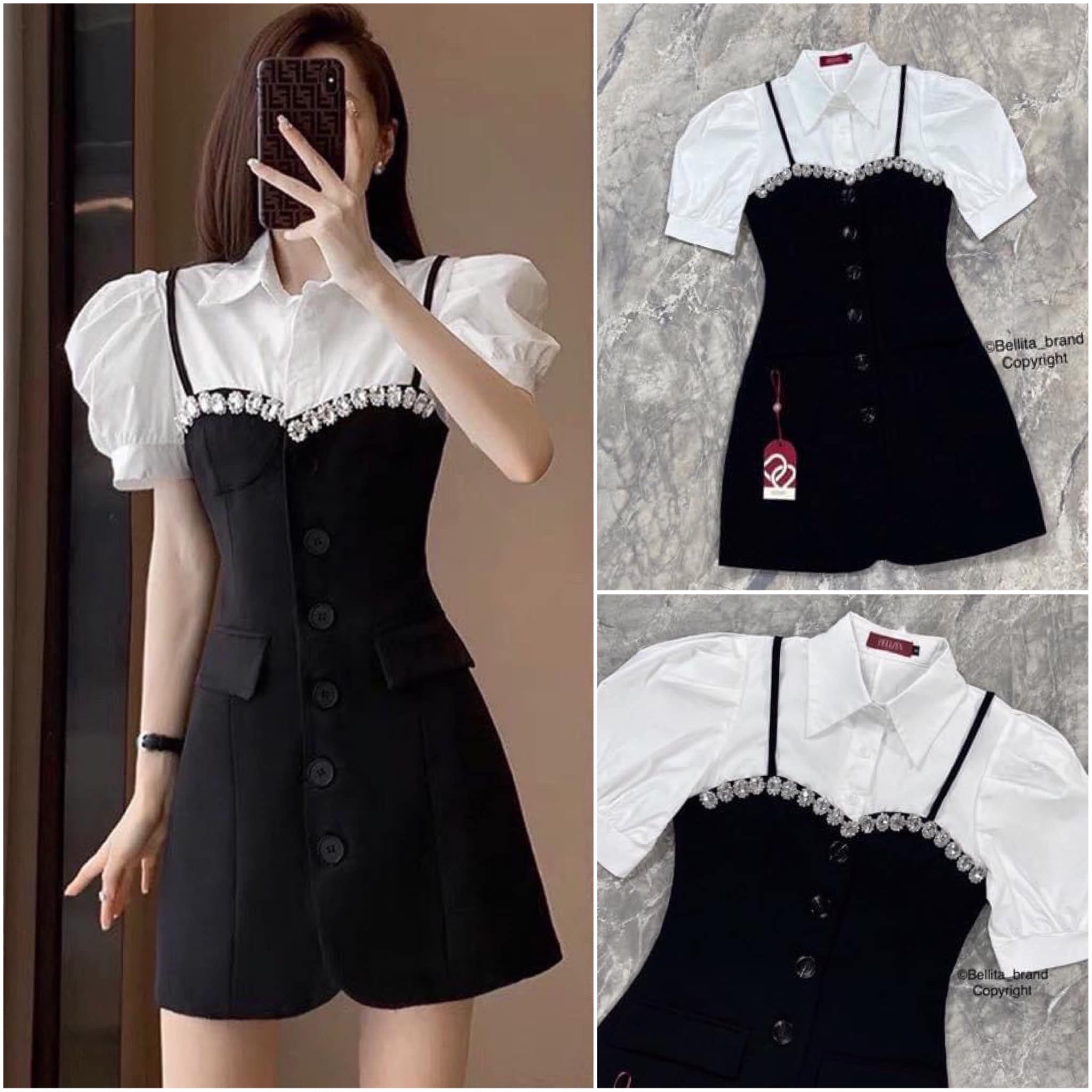 เดรสขาวดำกระดุมหน้า ด้านบนเสื้อคอปกสีขาวแขนตุ๊กตาต่อ กับเดรสสีดำสายเดี่ยวแต่งเพชรที่อก กระดุมด้านหน้า เอวเข้ารูปกระโปรง สั้นกำลังดี สินค้าคุณภาพ (พร้อมส่ง)