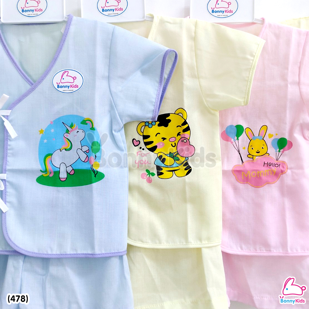 (478) ชุดเด็กแรกเกิดผูกหน้าผ้าป่าน (พื้นสี) แพ็ค 6 ชุด