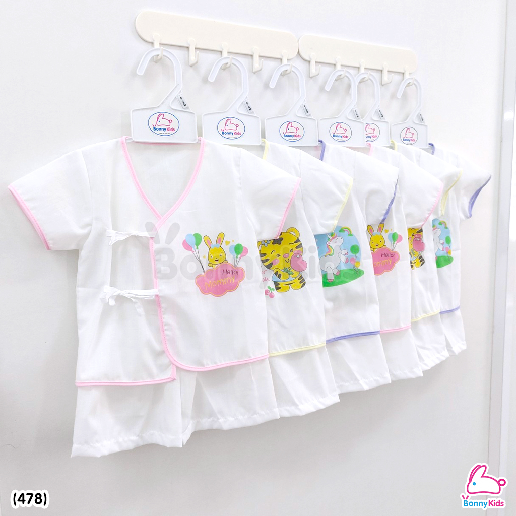 (478) ชุดเด็กแรกเกิดผูกหน้าผ้าป่าน (พื้นขาว) แพ็ค 6 ชุด
