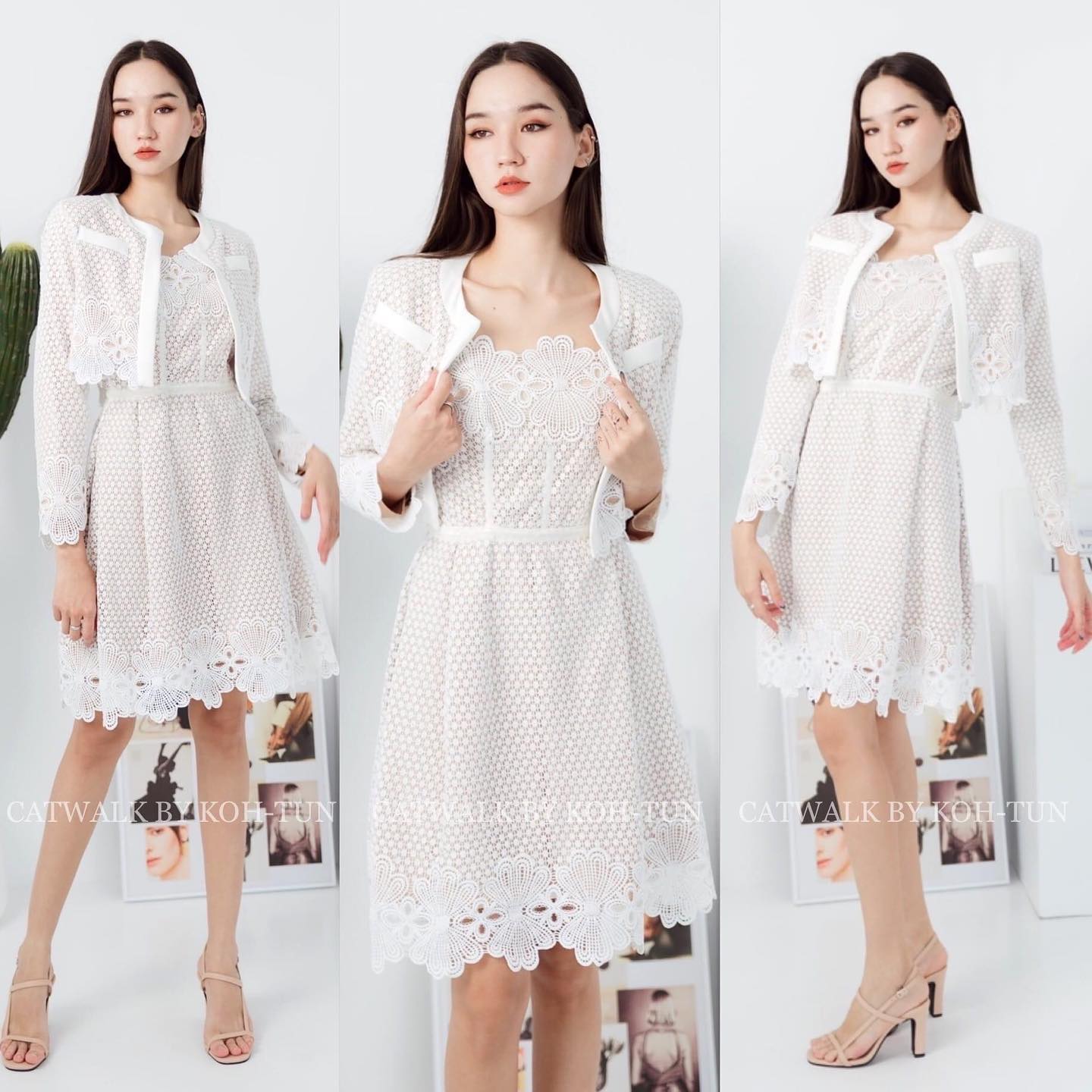 เซตเดรสลูกไม้+เสื้อคลุมผ้าลูกไม้ รุ่นนี้การันตีเลยเนื้อผ้าดีมาก ผ้าลูกไม้ทอลายเกรดเอ สินค้าคุณภาพ (พร้อมส่ง)