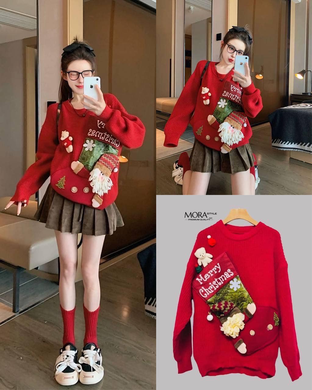 เสื้อสเวตเอตร์ไหมพรมแขนยาว แต่งซานต้าคริสต์มาส ใส่แมทง่าย กันหนาวได้ ใส่สบาย : สินค้าคุณภาพ (พร้อมส่ง)