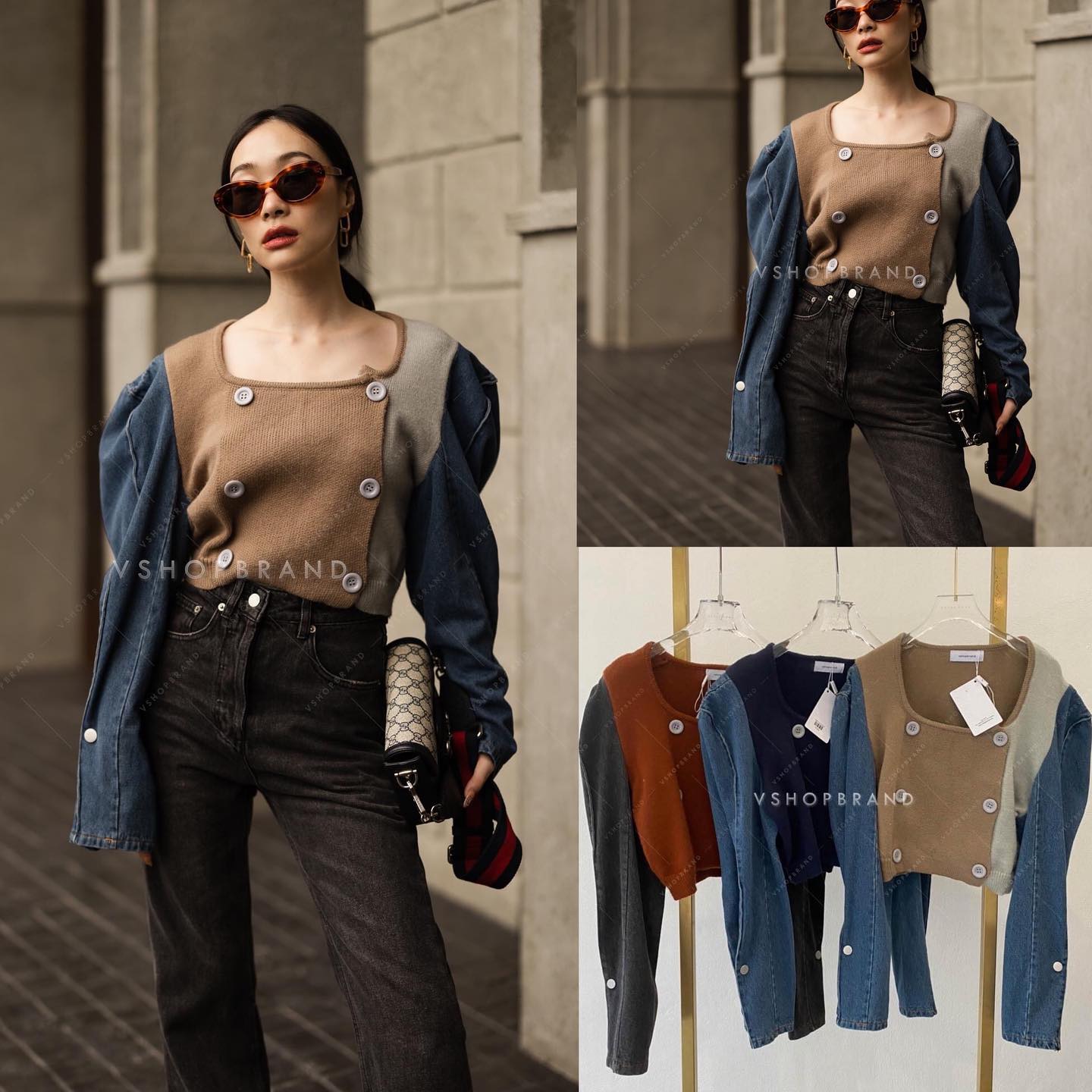 เสื้อครอปไหมพรมทูโทน กระดุมหน้า (ใช้งานได้จริง) เพิ่มความเก๋ด้วยแขนยีนส์แต่ง กระดุมจีบปลายแขน : สินค้าคุณภาพ (พร้อมส่ง)