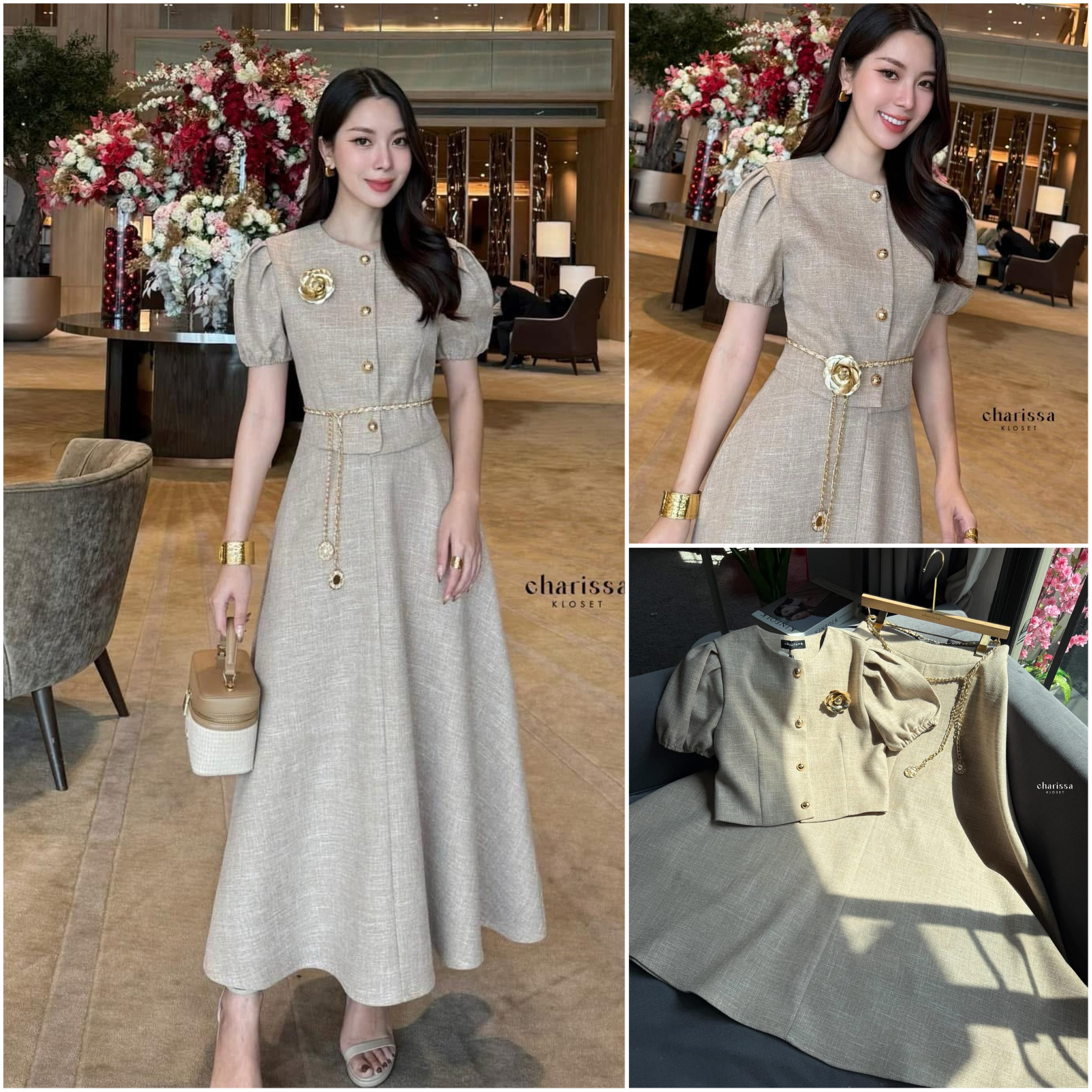 เซ็ทเสื้อแขนตุ้กตาน่ารักมาก แถมฟรีเข็มกลัดดอกไม้และเข็มขัดโซ่ ใส่สบาย : สินค้าคุณภาพ (พร้อมส่ง)