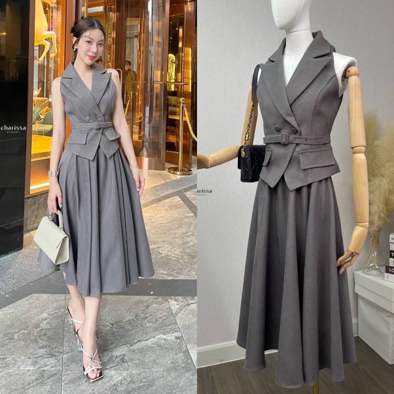 ชุดเซ็ทเสื้อแขนกุด+กระโปรงยาว แถมฟรีเข็มขัด ทรงเข้ารูป ใส่สบาย สินค้าคุณภาพ (พร้อมส่ง)