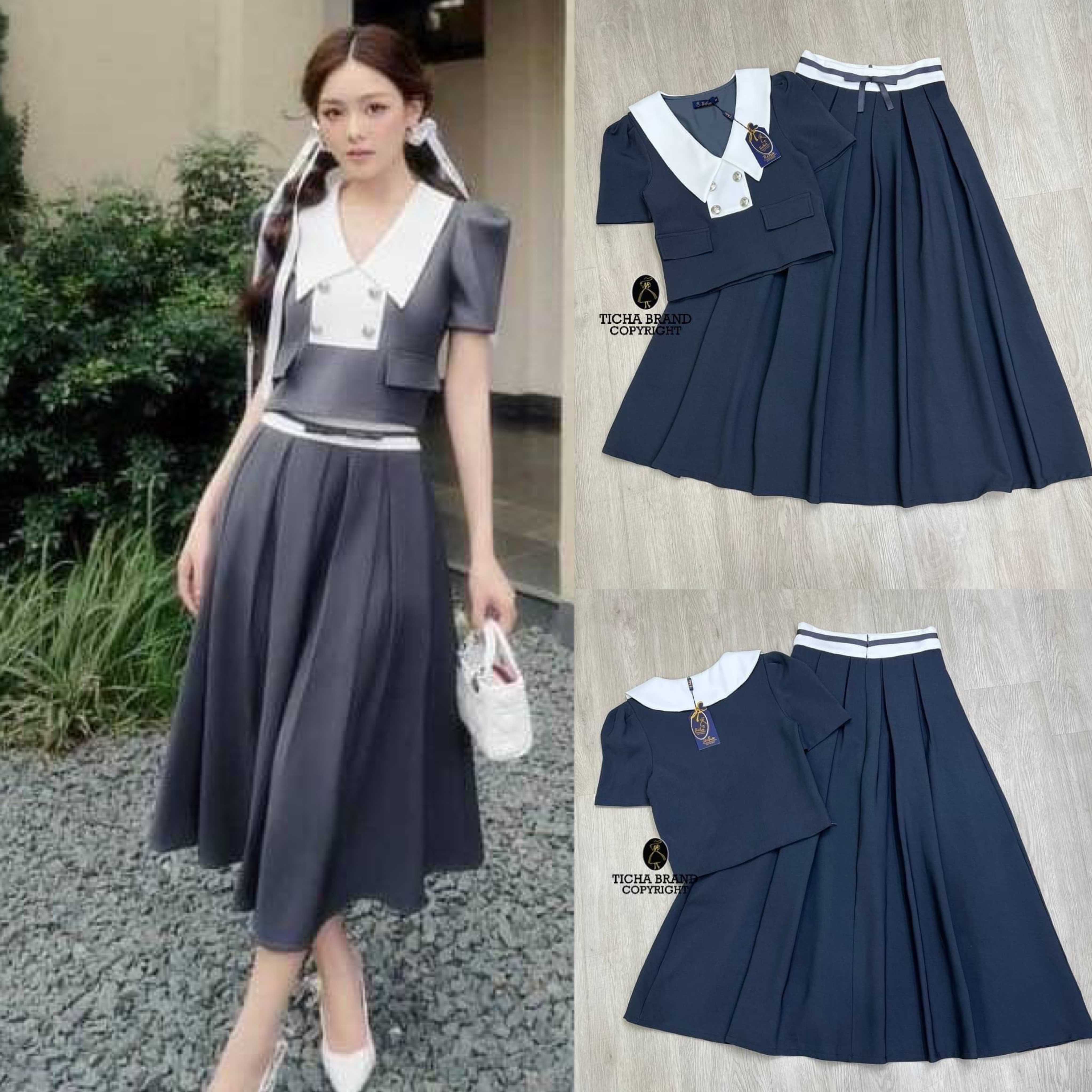 set2ชิ้น เสื้อครอปแขนสั้นคอปก มาคู่กับกระโปรงจับจีบพองนิดๆ งานซิปหลัง สวมใส่ง่ายใส่สบาย เย็บซับในอย่างดี สินค้าคุณภาพ (พร้อมส่ง)