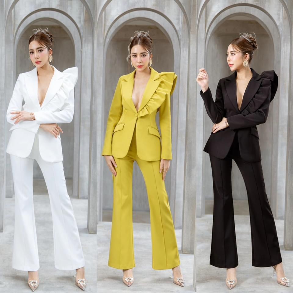 Setสูทแต่งระบายไหล่ข้างเดียว+กางเกงขายาว ทรงสวย ใส่สบาย สินค้าคุณภาพ (พร้อมส่ง)