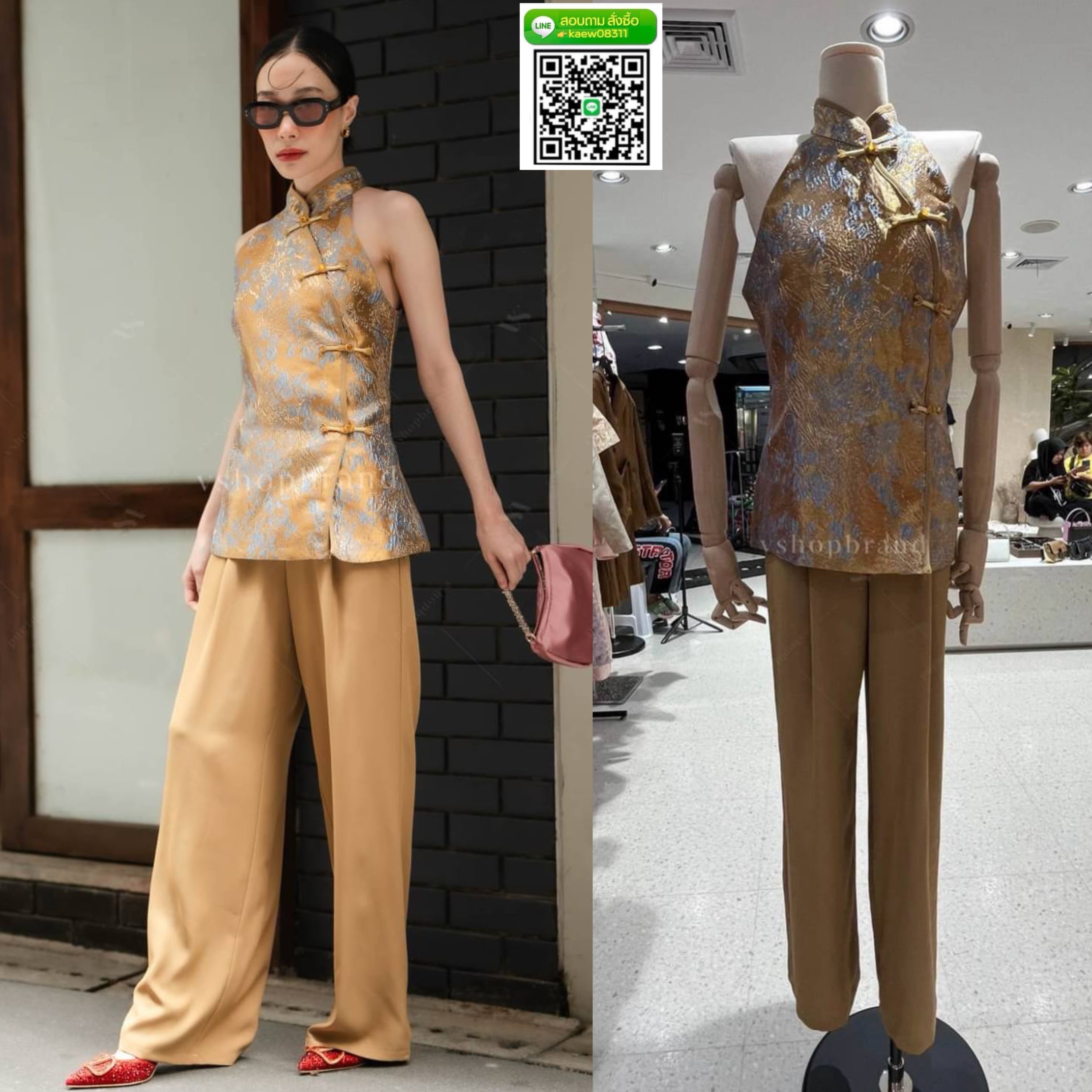 Set เสื้อกี่เพ้า ผ้าทอแขนกุด + กางเกงผ้าพื้น ใส่สบาย : สินค้าคุณภาพ (พร้อมส่ง)