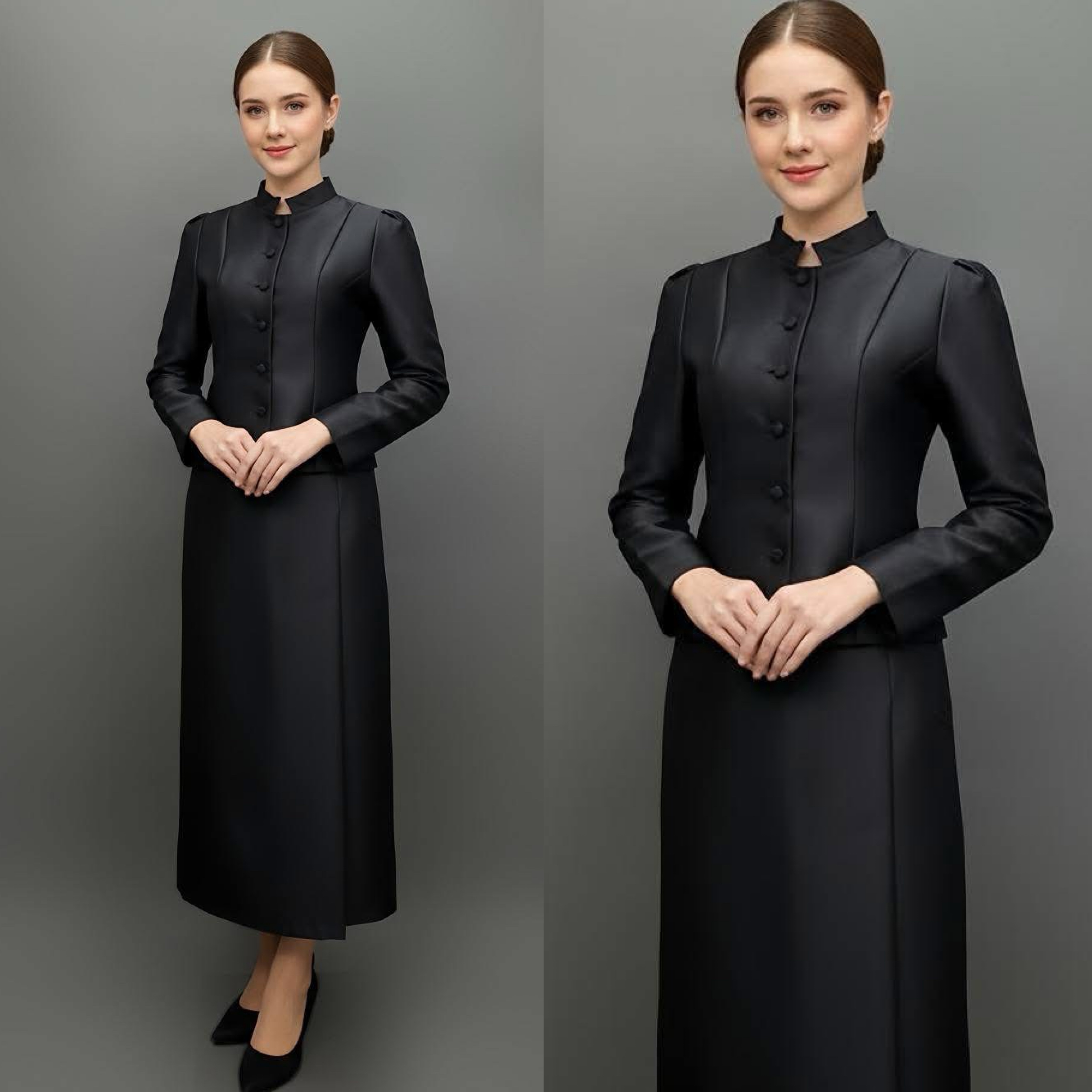 เซ็ทเสื้อเข้ารูปผ่าหน้าแขนยาวทรงกระบอก จับคู่กระโปรงป้ายยาวทรงสอบ ใส่สบาย : สินค้าคุณภาพ (พร้อมส่ง)