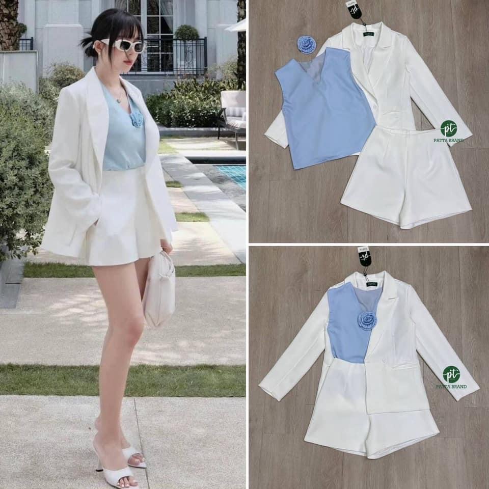 เซต3ชิ้น เสื้อคลุมสูทแขนยาวมีกระดุมหน้า และมีกระเป๋า2ข้างล้วงได้เก๋ๆ มาพร้อมเสื้อตัวในแขน กุดสีฟ้ามีซิปข้าง ผ้าพริ้วลื่นใส่สบายใส่แมทช์ทับในคู่ กับกางเกงสวยลงตัวมากและยังมีเข็มกลัดดอกไม้D ติดที่อกคุ้มสุดๆ มาคู่กับกางเกงขาสั้น ใส่สบาย : สินค้าคุณภาพ (พร้อม