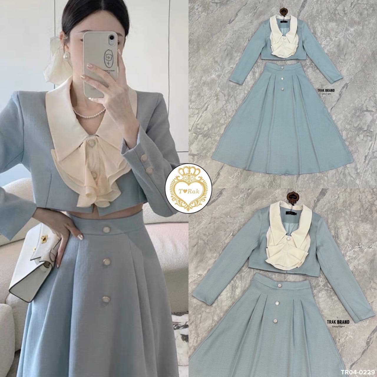 เซท 3 ชิ้น เสื้อคอปกแขนยาว กระดุมหน้า แต่งโบระบายติดตรงกลาง เสื้อแมทซ์กับกระโปรงเอวสูงระบายบาน ออก แมทซ์กันสวยละมุลสไตล์คุณหนูจ้าา สินค้าคุณภาพ (พร้อมส่ง)