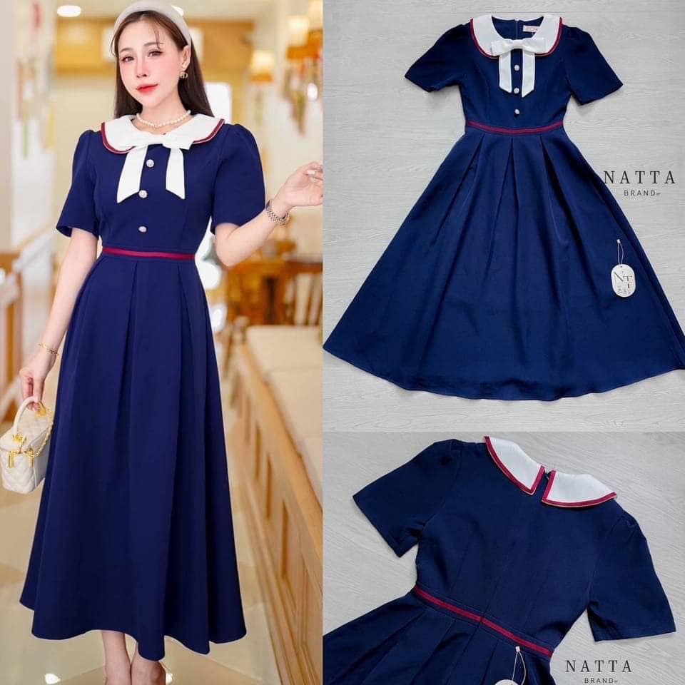 ชุดเดรสยาวแขนสั้นสีน้ำเงิน แต่งดีเทลปกชุดสีขาว มีโบว์สีขาวมาให้ในชุด สินค้าคุณภาพ (พร้อมส่ง)