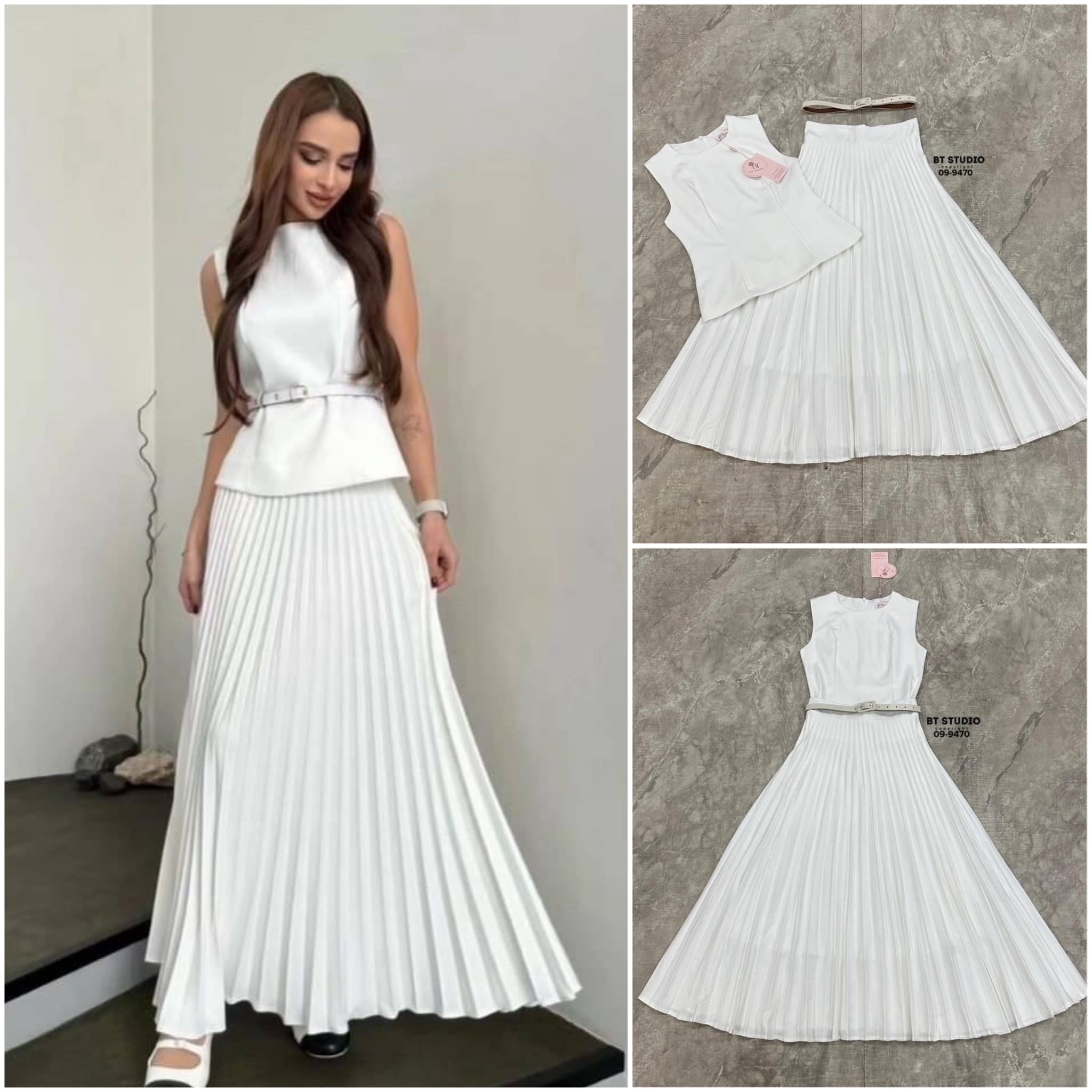 เซท 3 ชิ้น เสื้อแขนกุดคอกลม +กระโปรงอัดพรีท จับจีบบานออก มีชับในตัว ซิปหลัง + เข็มขัดสีขาว ใส่สบาย สินค้าคุณภาพ (พร้อมส่ง)