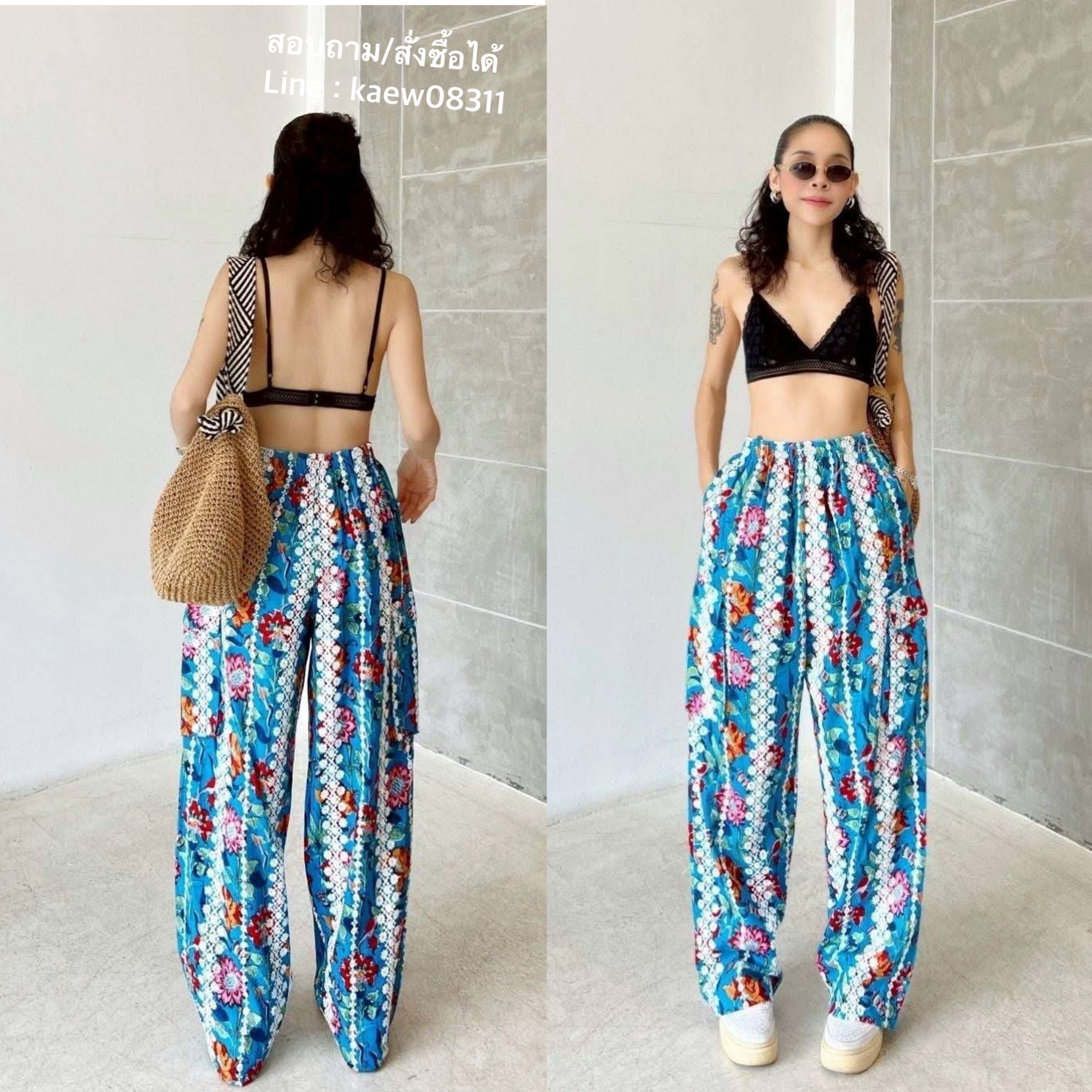 กางเกง ผ้าบล็อคคอทตอลอินเดียปักฉลุลายในตัว ทรงคาร์โก้ เอวสม็อค งานมีกระเป๋าข้าง+กระเป๋าล้วง ใส่สบาย : สินค้าคุณภาพ (พร้อมส่ง)