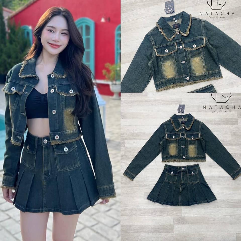 Set ยีน เสื้อยีนแขนยาวกระดุมหน้าคอปกปลายแต่งขนขายรุ่ย ฟองเข้มอ่อน กระโปรงจีบแต่งกระเป๋าคู่หน้า (ซับในเป็นกางเกง) งานจริงสวยมากก ใส่สบาย : สินค้าคุณภาพ (พร้อมส่ง)