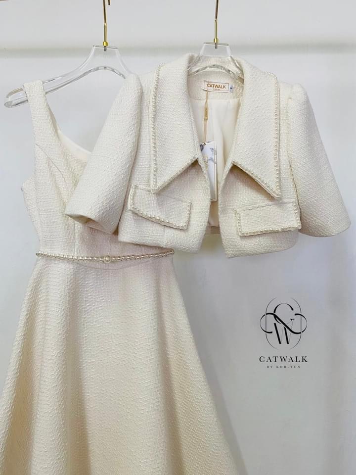 เซตเดรสยาวกระโปรงย้วย+เสื้อคลุมแต่งมุก +เข็มขัดมุก เซตนี้คุ้มมาก เนื้อผ้าทวิตเกรดเอ ใส่สบาย สินค้าคุณภาพ (พร้อมส่ง)