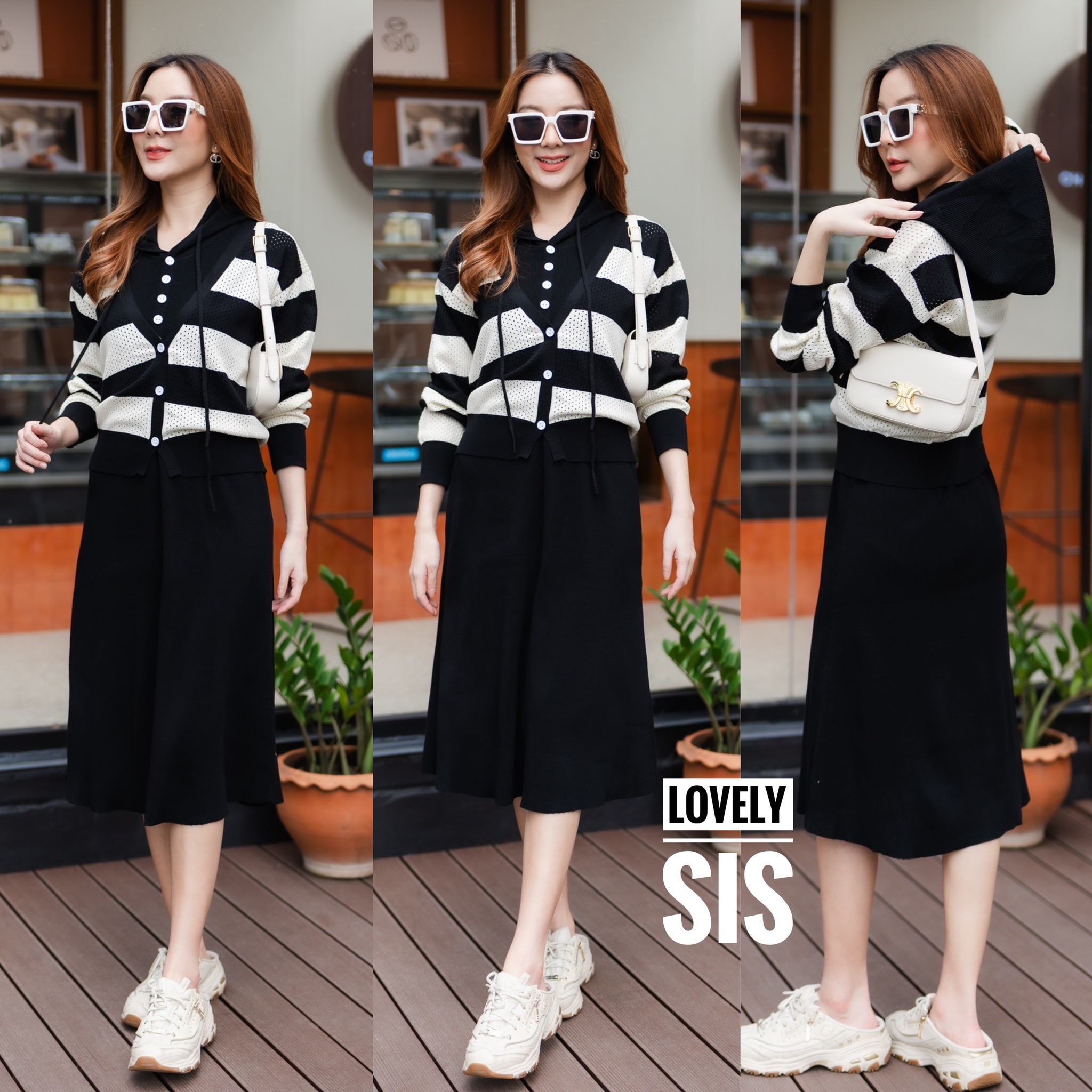 Set 2 pcs เดรสแขนกุดแต่งฮู้ดติดกระดุม สีขาวเรียงงานผ้า knit ทอร่องยืดหยุ่นมา พร้อมเสื้อ knit ทอลายทูโทนแขนยาว สินค้าคุณภาพ (พร้อมส่ง)