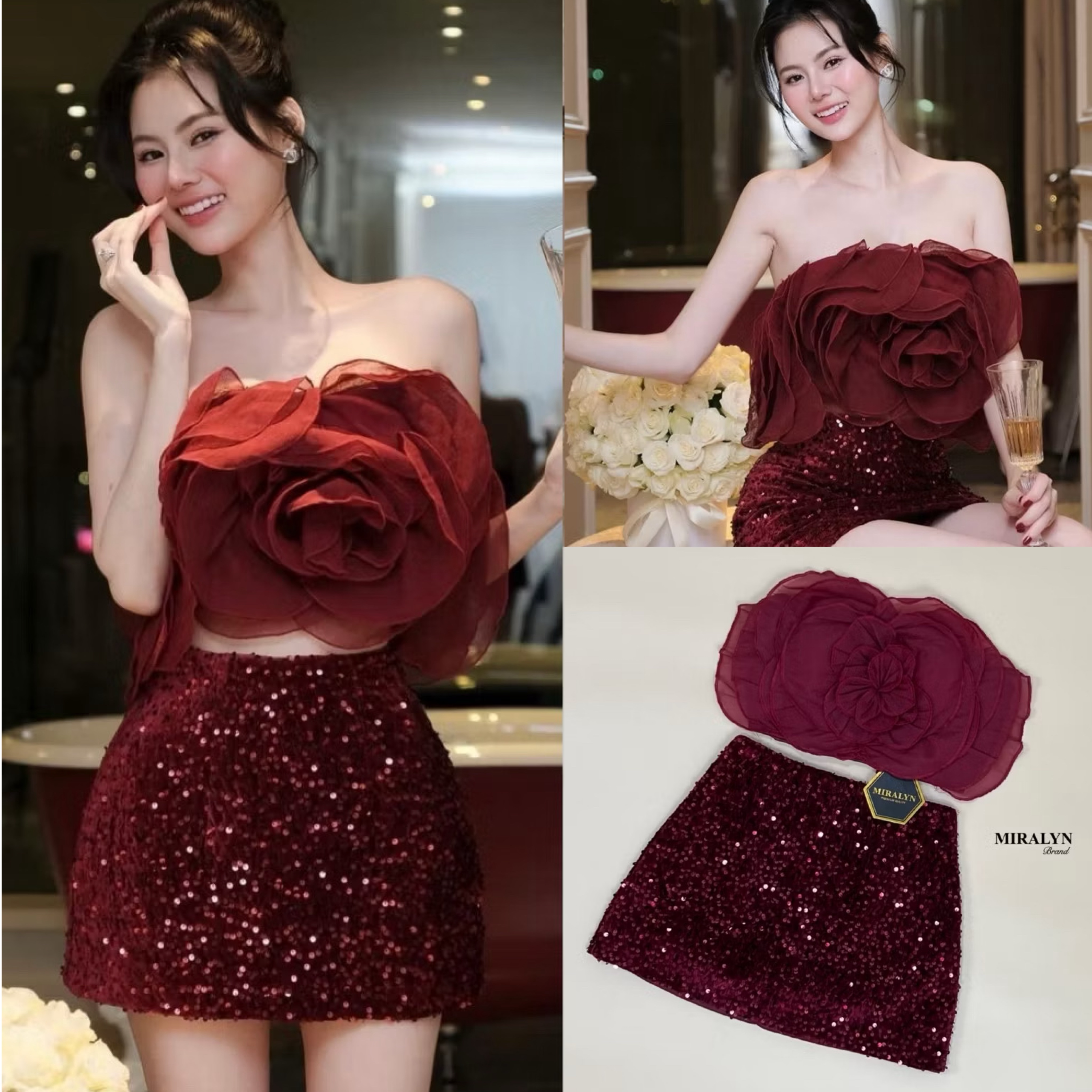 Set 2 ชิ้น เกาะอกแต่งดอกไม้งานแต่งเย็บของช่อละเอียดมากๆมีฟองน้ำเสริมพร้อมทั้งแต่งระบายหลังชุดมาพร้อมกระโปรงแต่งวิ้งผ้ากำมะหยี่เข้ากันแบบสุดๆงานมีซับในกางเกงนะคะ ใส่สบาย : สินค้าคุณภาพ (พร้อมส่ง)