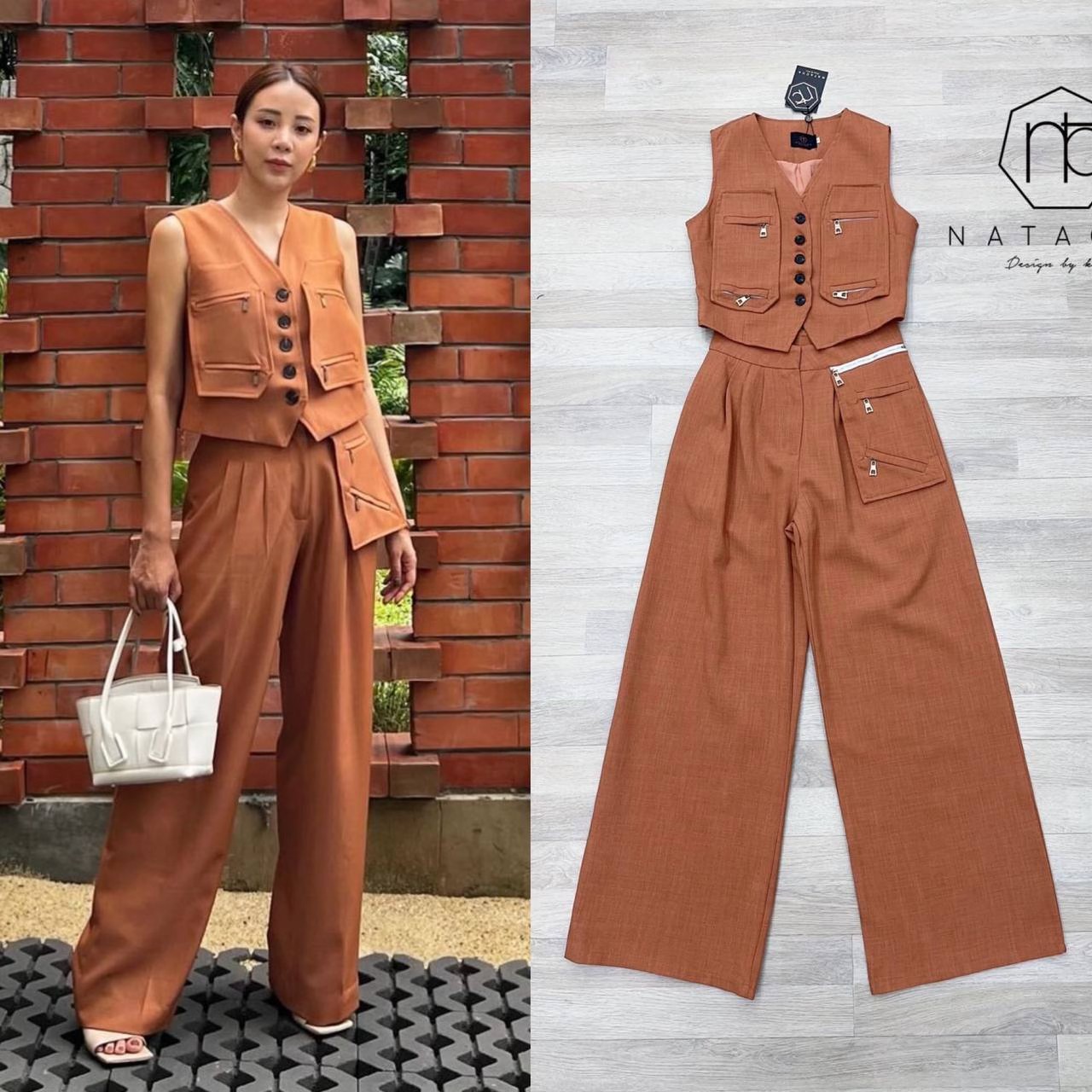 Set เสื้อกักกระดุมหน้าแต่งกระเป๋า แมตกางเกงขายาวเพิ่มดีเทลกระเป๋าเก๋ สินค้าคุณภาพ (พร้อมส่ง)