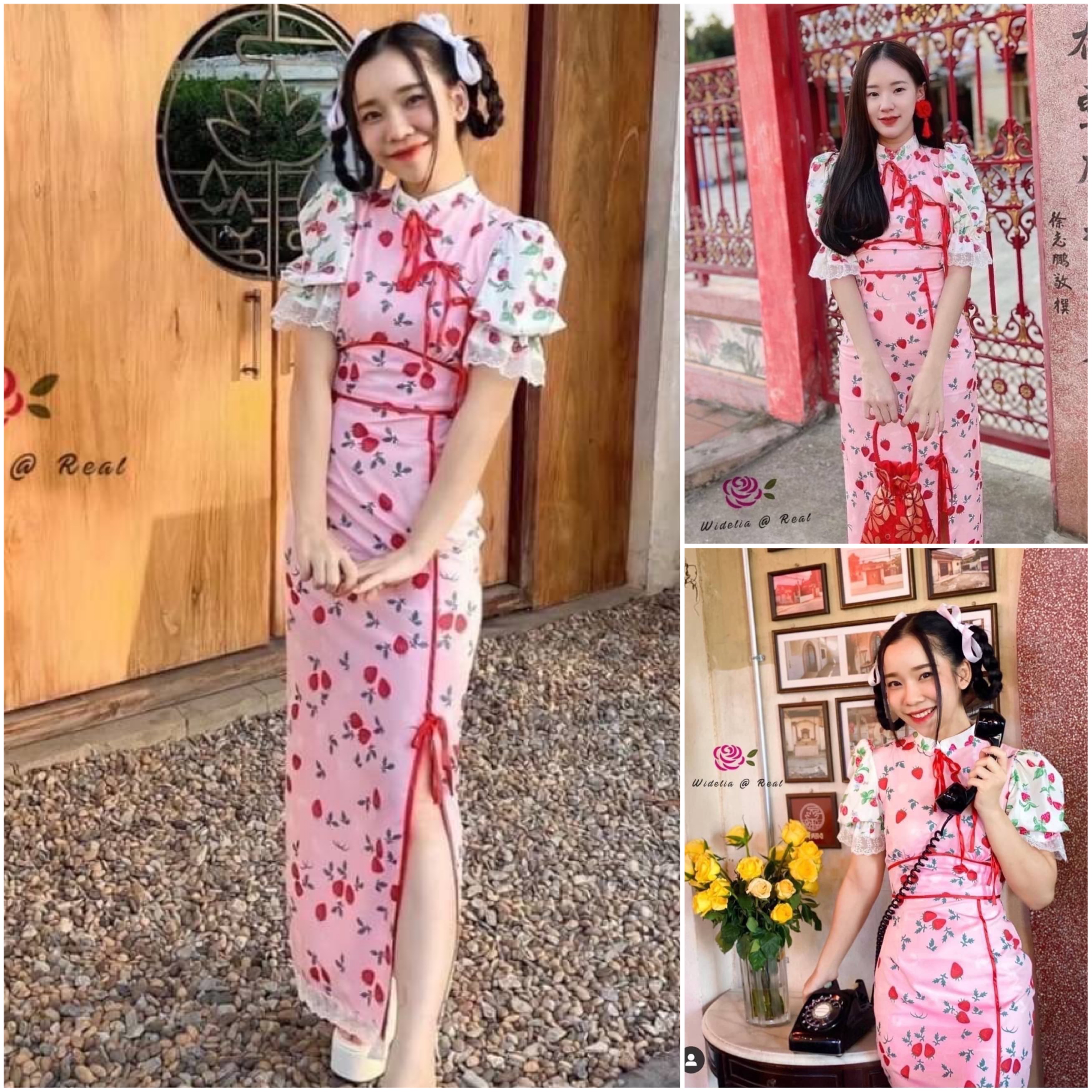 Dress เดรสกี่เพ้าตัวยาวแสนสวยช่วงแขน พองสลับสี ตัวเดรสกุ๊นขอบแดง ชายเดรสผ่าข้าง ใส่สบาย สินค้าคุณภาพ (พร้อมส่ง)