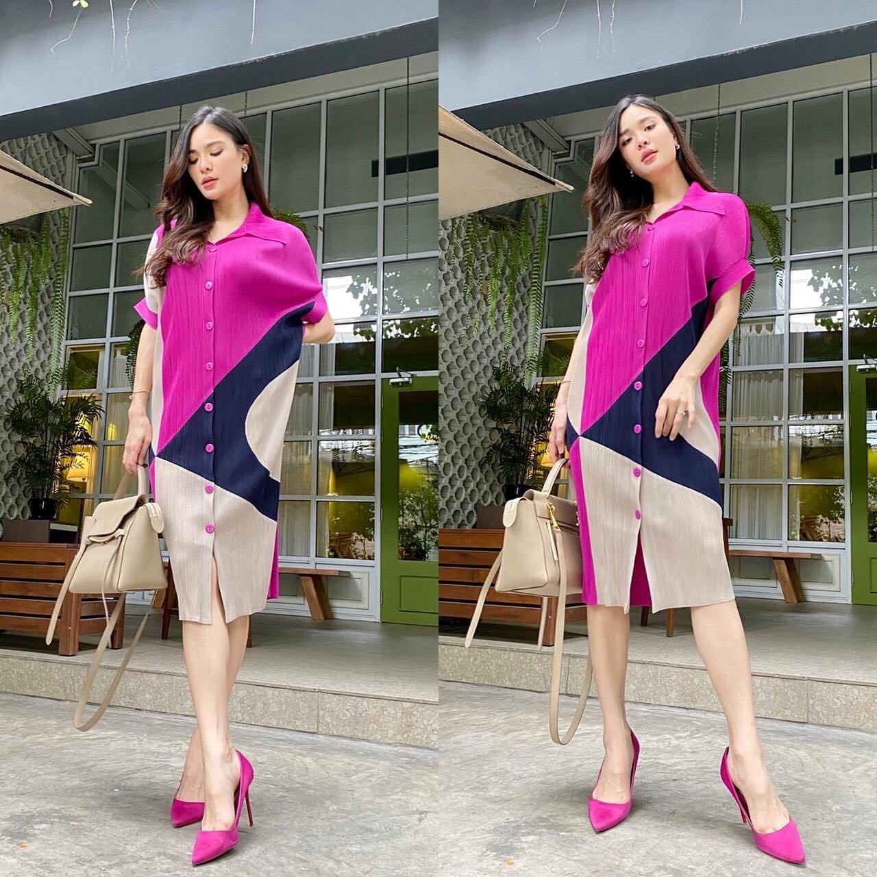 เดรสพลีทตัวยาวคอปกใหญ่ อัดพลีท 100% เนื้อเดียวกับงาน Brand งาน เกาหลีแท้ 🇰🇷 สวย High Quality สินค้าคุณภาพ (พร้อมส่ง)