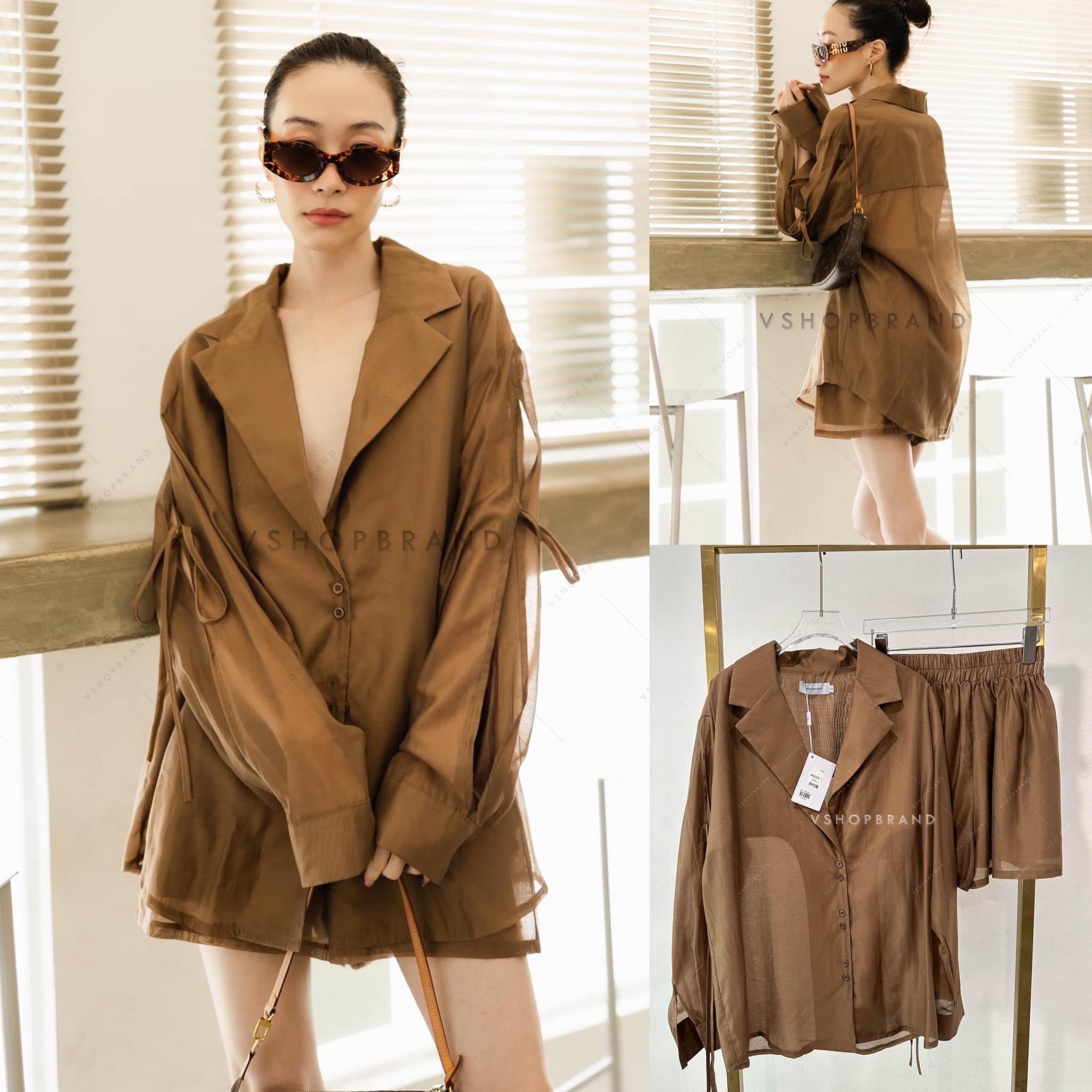 Set เสื้อทรงสูทผ้าซี่ทรู + กก. ขาสั่น เอวสม็อค สินค้าคุณภาพ (พร้อมส่ง)