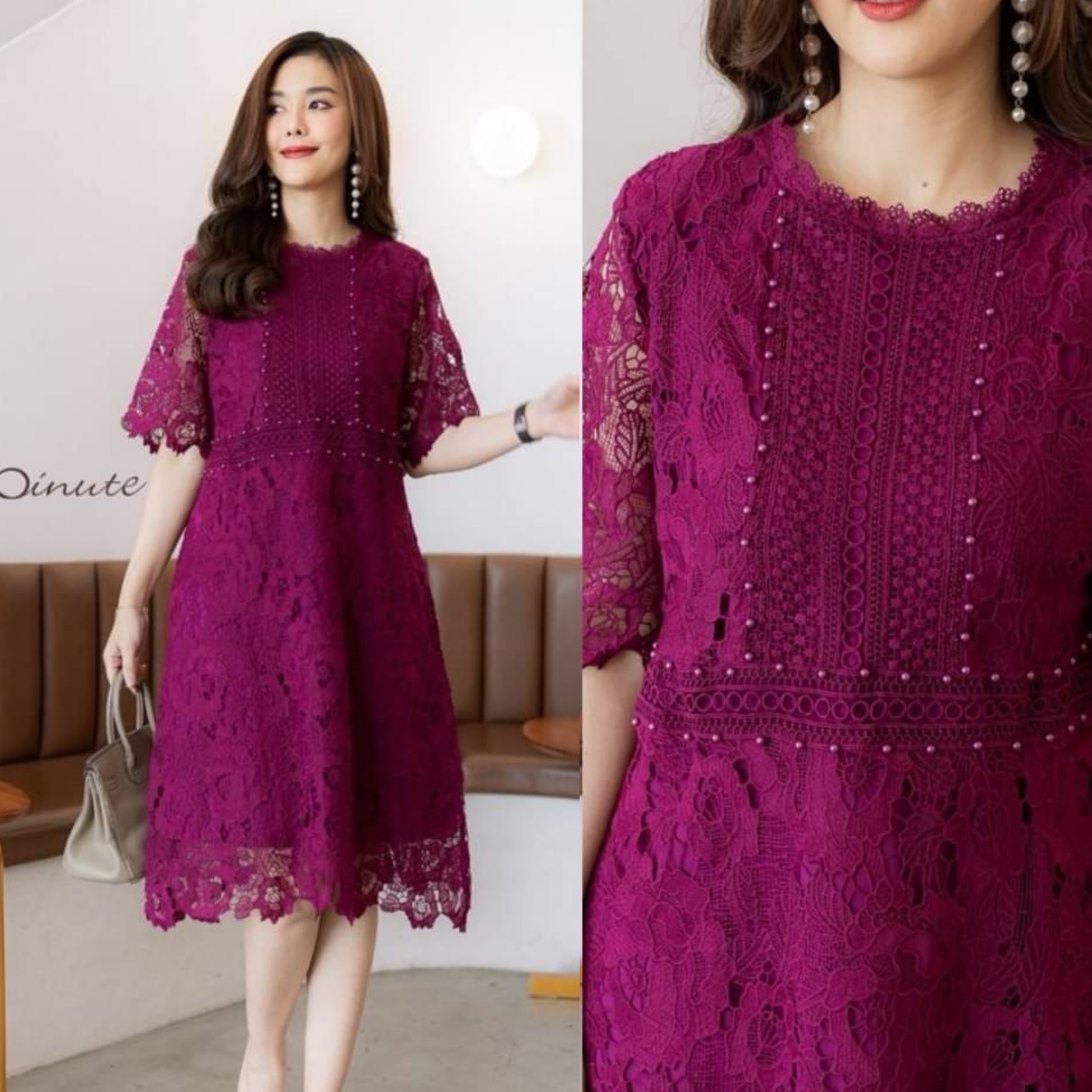 เดรสลูกไม้ มีซิบซ่อนหลัง ใช้ลูกไม้คนละลาย วางตัดกันได้อย่างลงตัว ตอกมุกสีเดียวกับชุด มีซับในทั้งตัว ใส่สบาย : สินค้าคุณภาพ (พร้อมส่ง)