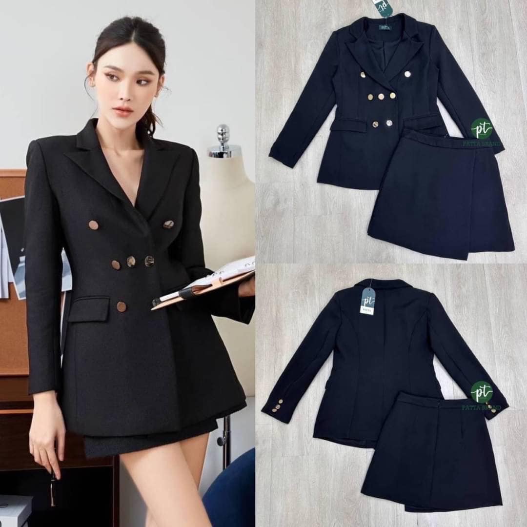 Setสูท 2 ชิ้น เสื้อคลุมสูทแขนยาวดีไซน์ทรงovesize มีกระดุมหน้าและกระเป๋า2ข้าง ใช้งานได้จริง มาคู่กับกระโปรงเย็บซ้อนป้ายหน้า งานซิปหลัง สินค้าคุณภาพ (พร้อมส่ง)