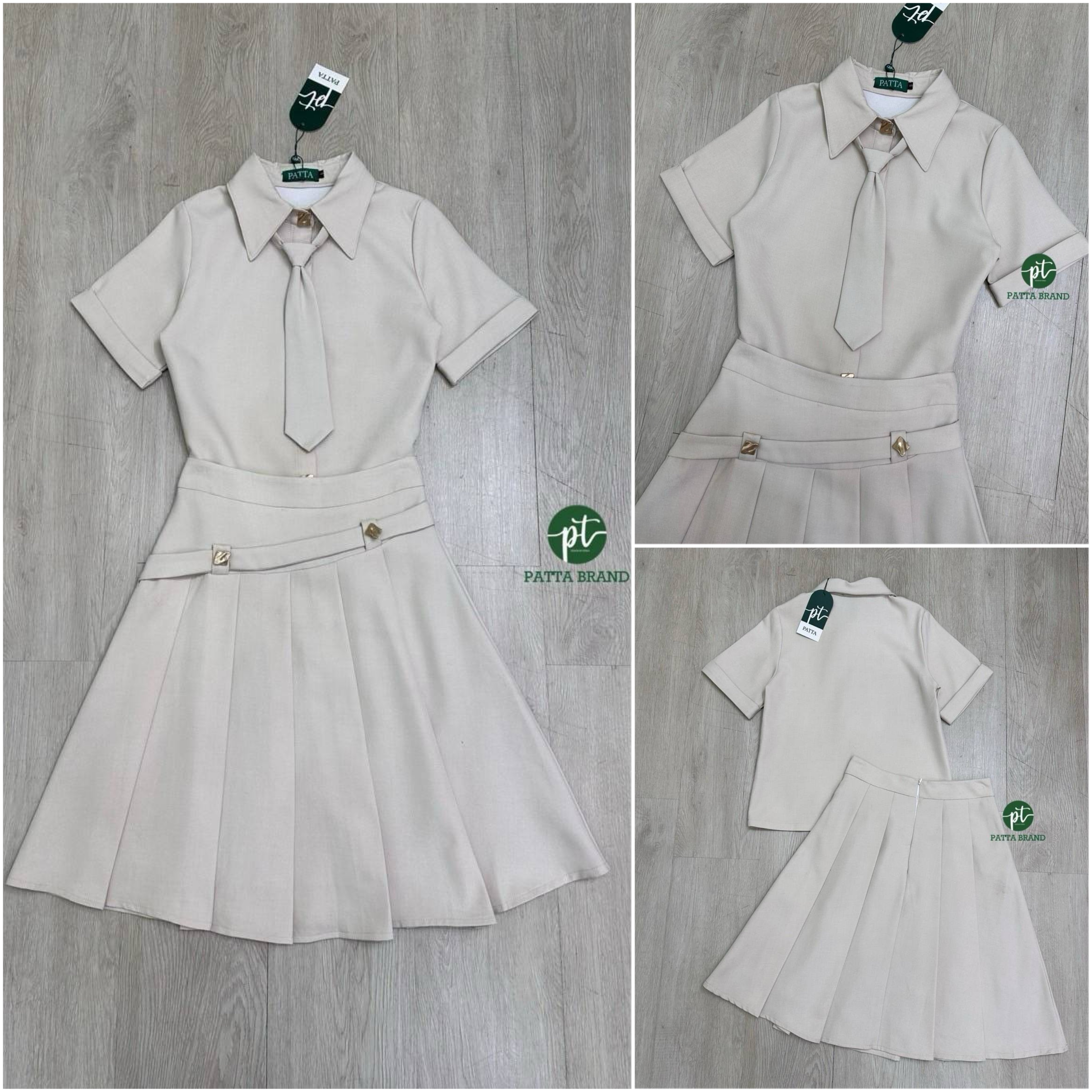 Set 2 ชิ้นสีครีม เสื้อเชิ้ตแขนสั้นแต่งกระดุมทองด้านหน้าเรียงยาว ผ้าอัดกาวนิ่ม +เนคไทให้1เส้นเก๋ๆ +กระโปรงดีไซน์จับจีบด้านหน้าแต่สายคาดเฉียงและติดอะไหล่สีทองเด่นสวย (มีซิปหลัง) ใส่สบาย : สินค้าคุณภาพ (พร้อมส่ง)