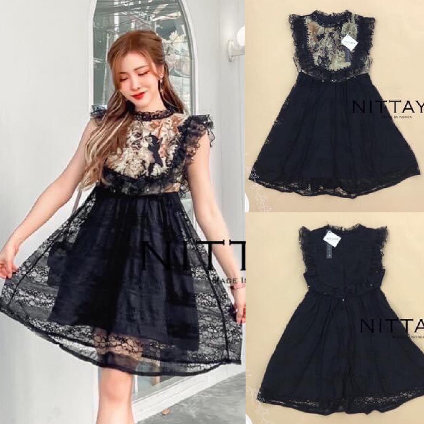 เดรสดำลูกไม้ระบายปักมุก ช่วงอกแต่งเป็น ผ้าทอน้องแมวเหมียว สาวกแมวต้องมีนะจ๊ะ สินค้าคุณภาพ (พร้อมส่ง)