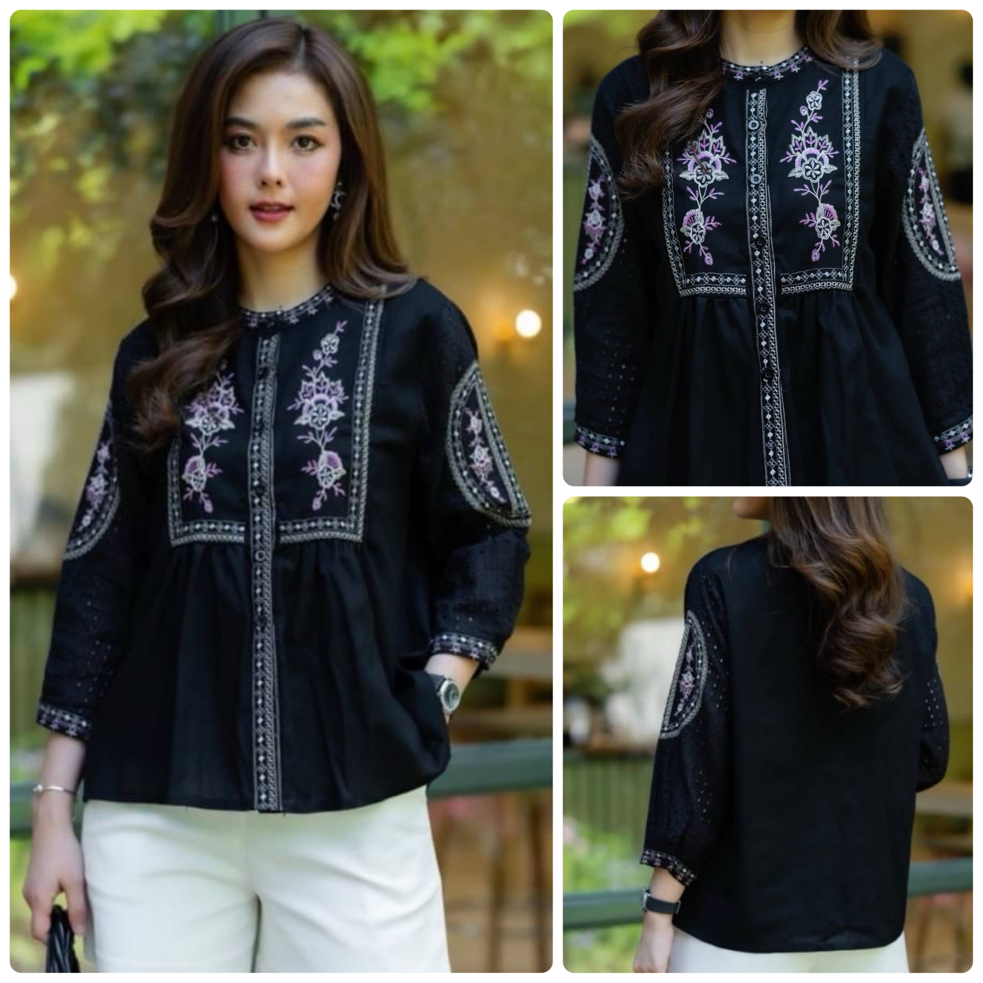 เสื้อผ้าลินินผสมฝ้ายเกรดพรีเมี่ยม งานปักสไตส์ วินเทจ ใส่สบาย : สินค้าคุณภาพ (พร้อมส่ง)