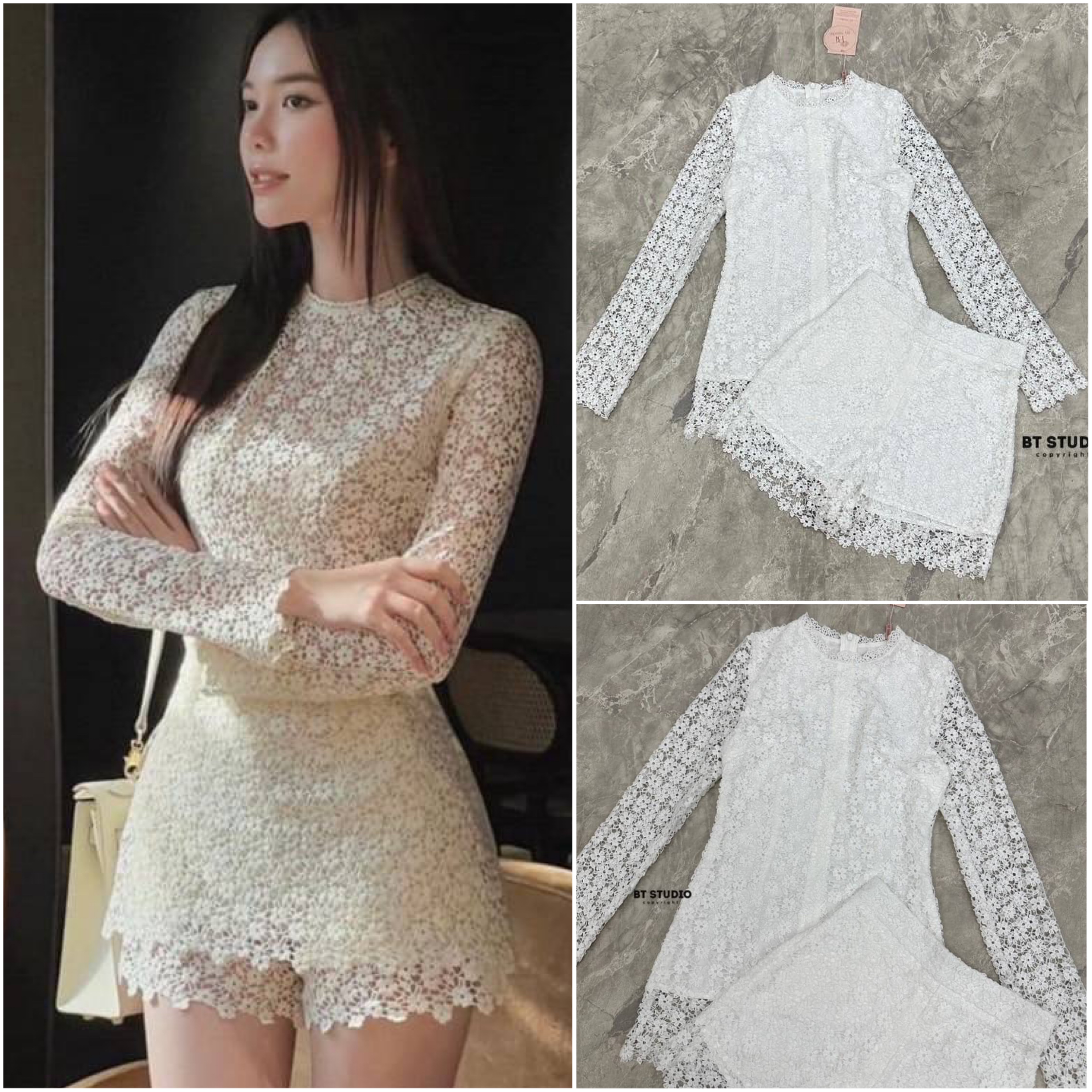 เซท 2 ชิ้น เสื้อลูกไม้คอกลมแขนยาว งานลูกไม้ฉลุลายดอกไม้ กับกางเกงขาสั้น งานมีซับใน สินค้าคุณภาพ (พร้อมส่ง)