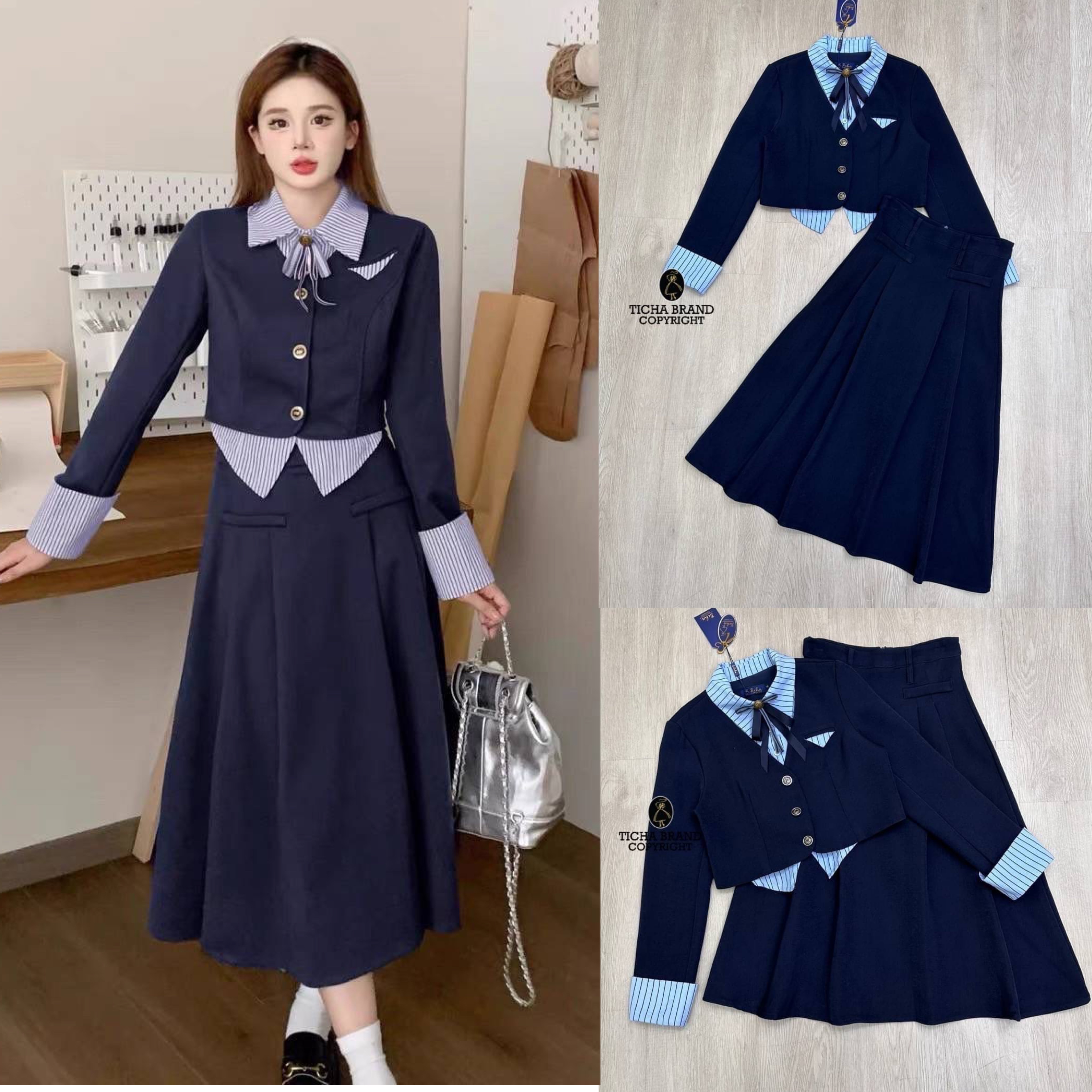 set2ชิ้น สีครบเสื้อคอปกแขนยาวทรงกั๊กด้านหน้า มาพร้อมกลัดโบว์ และมาคู่กับกระโปรง หน้าจับจีบด้านหลังแต่งเรียบ(ซิปหลัง) งานสวย ทรงสวย สินค้าคุณภาพ (พร้อมส่ง)