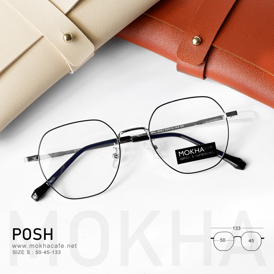 กรอบแว่น POSH - silver black กรอบโลหะ ทรงเหลี่ยม น้ำหนักเบา กว้าง 133 มม. (sizeS) H45