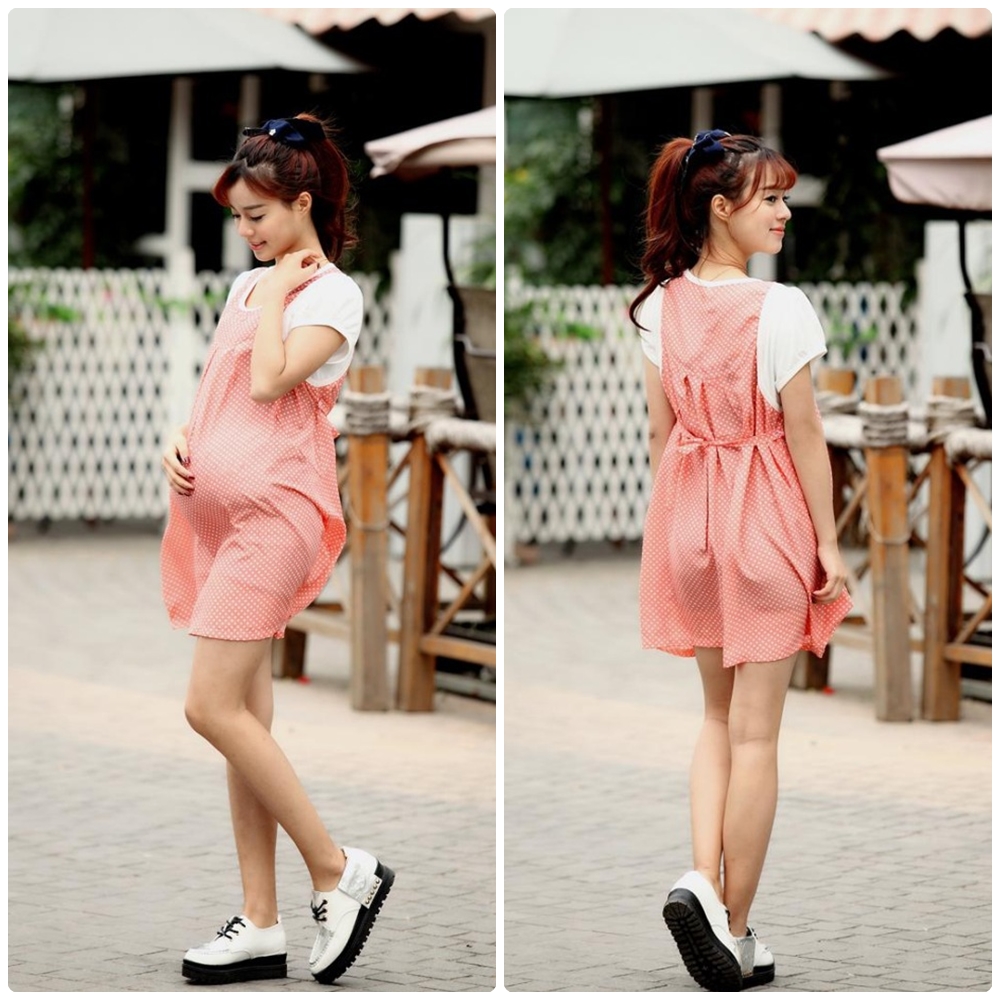 ชุดคลุมท้อง ชุดคุมท้องสวยๆ ชุดคนท้อง ชุดคนท้องสวยๆ เอี้ยมกระโปรงลายจุด สีส้ม ชิคๆ สดใส สไตล์เกาหลี