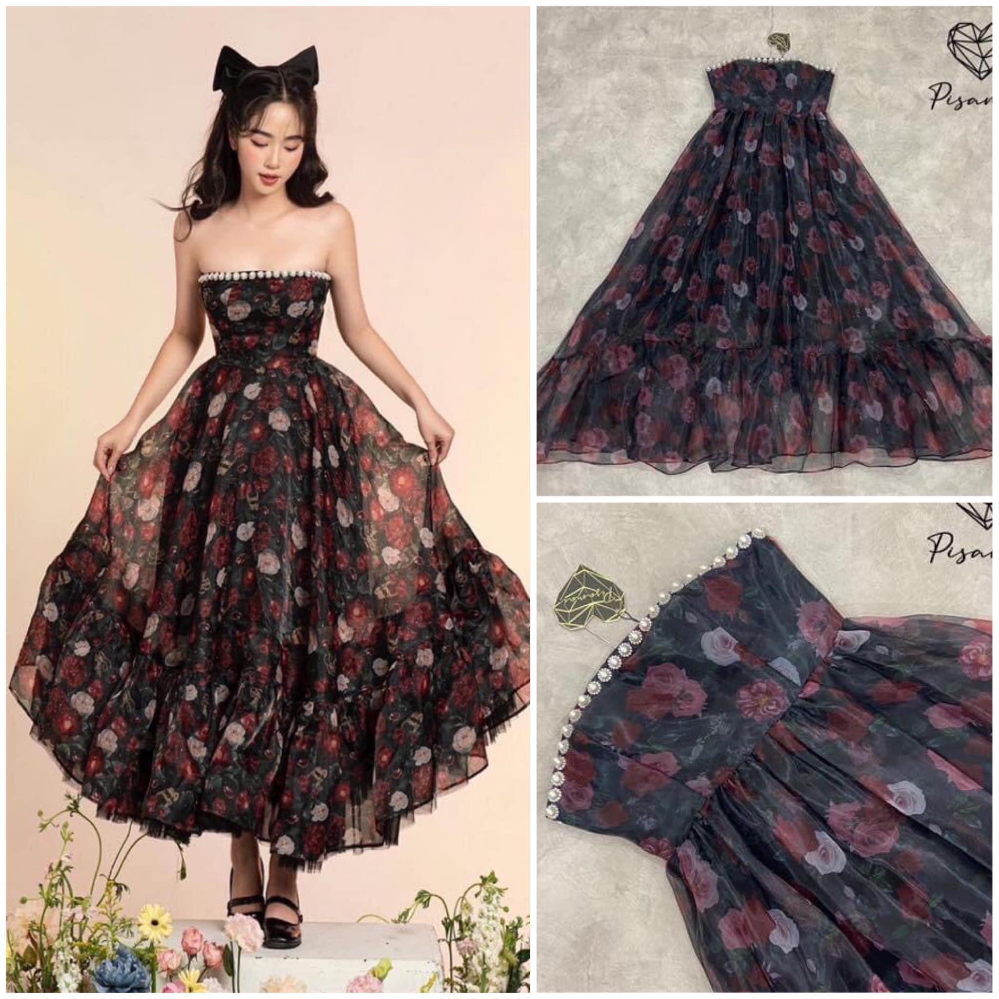 เดรสเกาะอกผ้าแก้วสีดำบาย ดอกหวานๆ แต่งมุกช่วงอกสุดปัง เวอร์วัง อลังการมากค่าชุดนี้ สินค้าคุณภาพ (พร้อมส่ง)