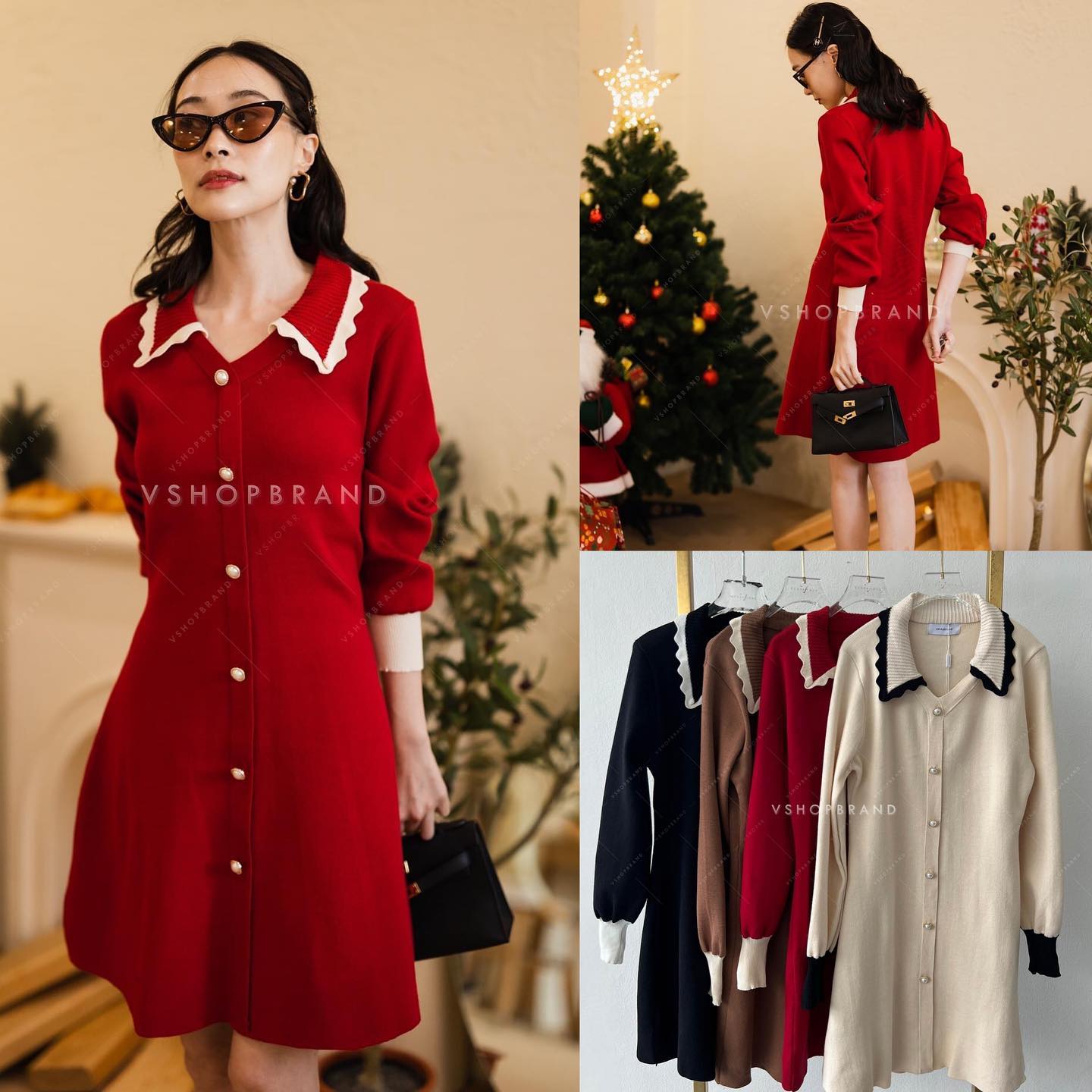 เดรสไหมพรมคอปกหยักขลิบขอบ แขนพอง สินค้าคุณภาพ (พร้อมส่ง)