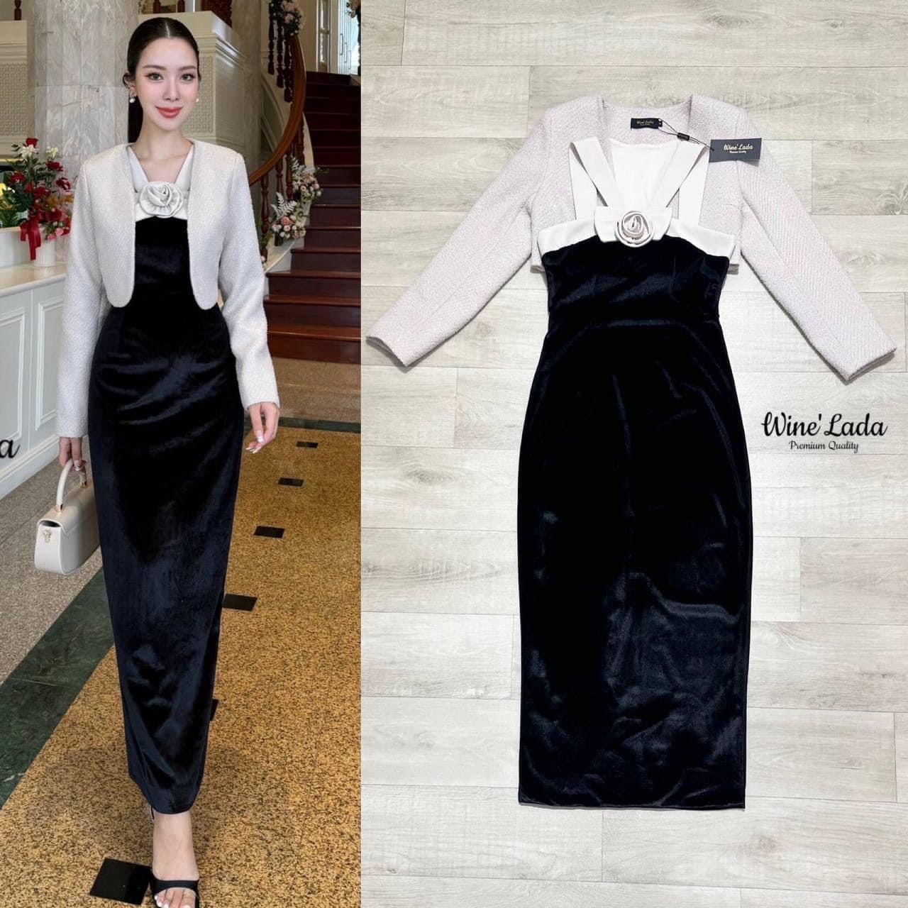 Set 3 Pcs. เดรสผ้ากำมะหยี่สีดำตัวยาวทรงสอบ ตัดด้วยสายสีครีม มีเข็มกลัดดอกไม้เพิ่มความปัง ผ่าด้านหลัง หน้าอกมีฟองน้ำ มาพร้อมเสื้อคลุมแขนยาวผ้าทวิต ใส่สบาย : สินค้าคุณภาพ (พร้อมส่ง)