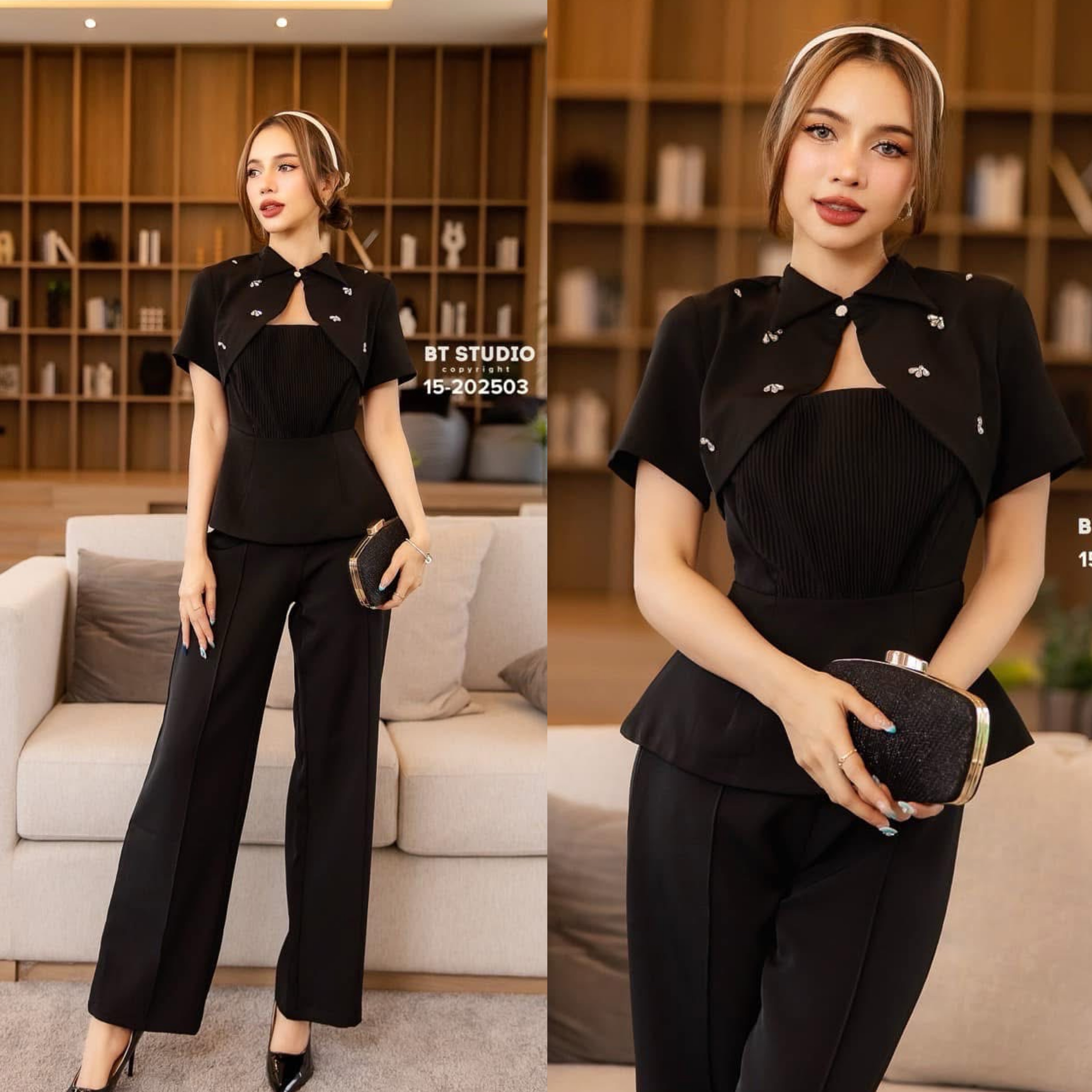 ชุดเซ็ท 2 ชิ้น เสื้อแขนสั้นดีเทลแต่งคอปกไล่มาตรงกลางติดเพชรกระจายเว้ากลางอก +กางเกงขายาว ใส่สบาย : สินค้าคุณภาพ (พร้อมส่ง) สำเนา
