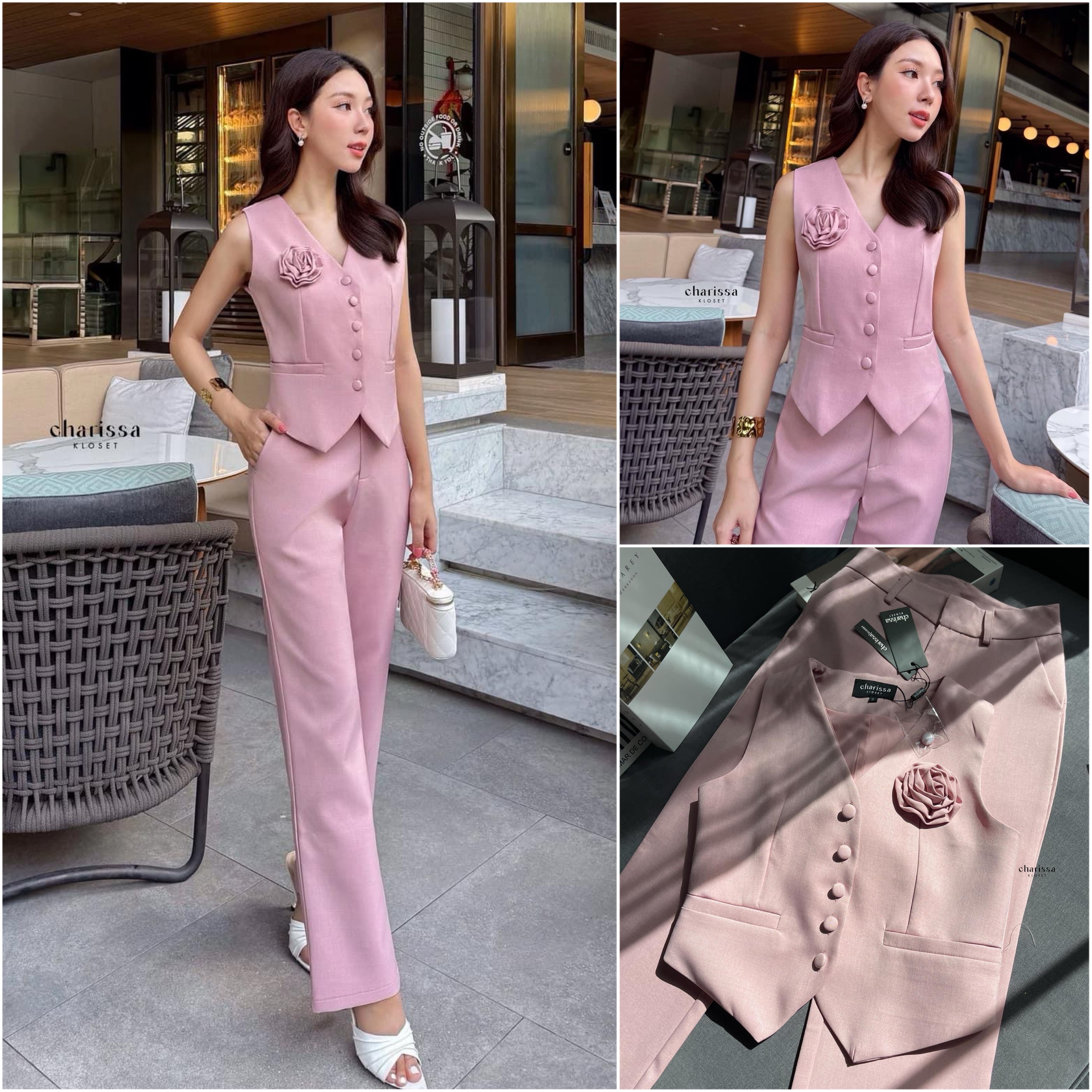 ชุดเซ็ทเสื้อ+กางเกงสวยหรู ลุคคุณหนู ผ้าเนื้อดีสุด ห้ามพลาด🔥(ฟรีเข็มกลัดดอกไม้ ถอดได้) ใส่สบาย : สินค้าคุณภาพ (พร้อมส่ง)