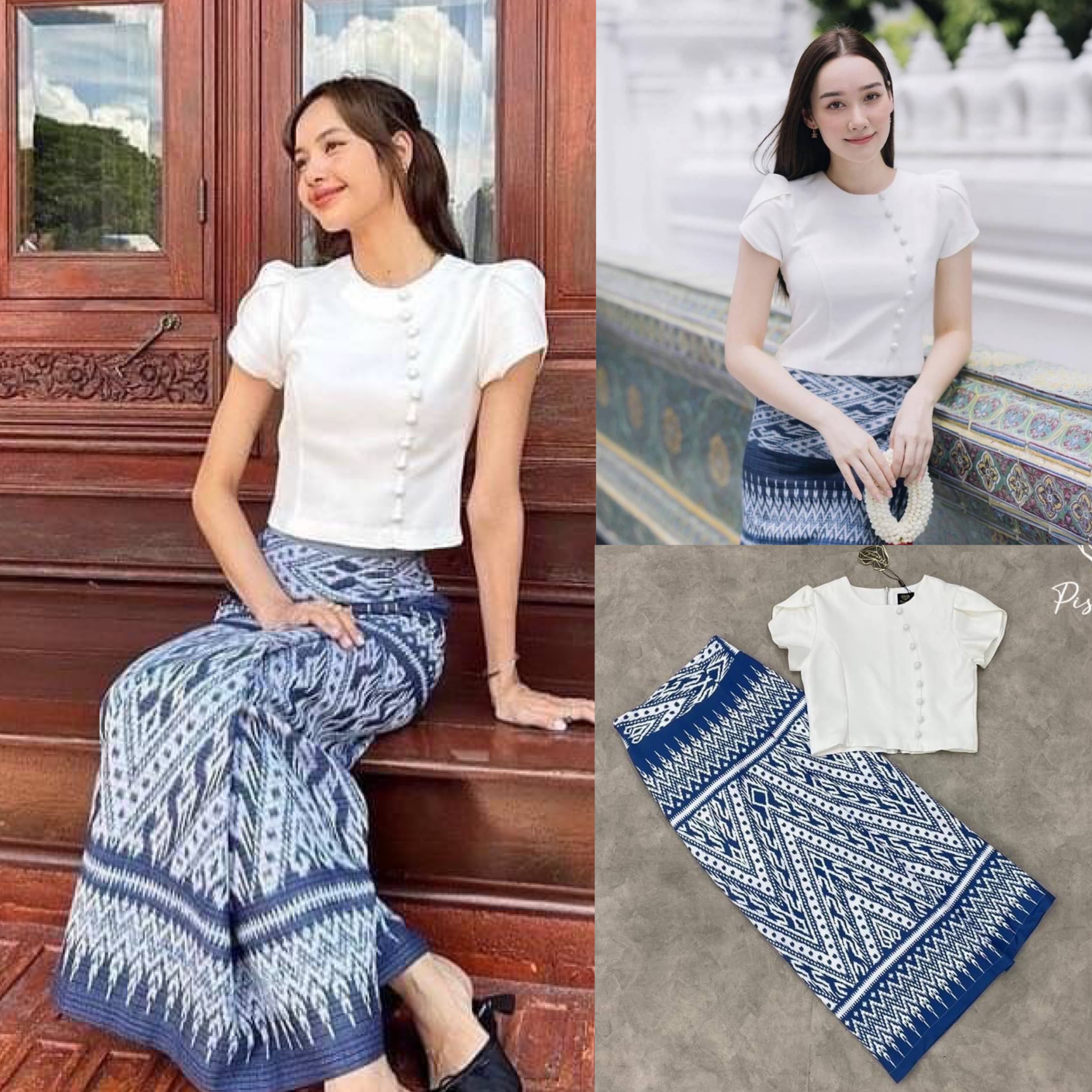 ชุดไทย เซ็ตเสื้อแขนตุ๊กตาแต่งกระดุมเรียงสีขาว มาคู่กับกระโปรงลูกไม้ผ้าถุงตัวยาวสีน้ำเงิน แพทเทิ้นสวยมากค่า สินค้าคุณภาพ (พร้อมส่ง)