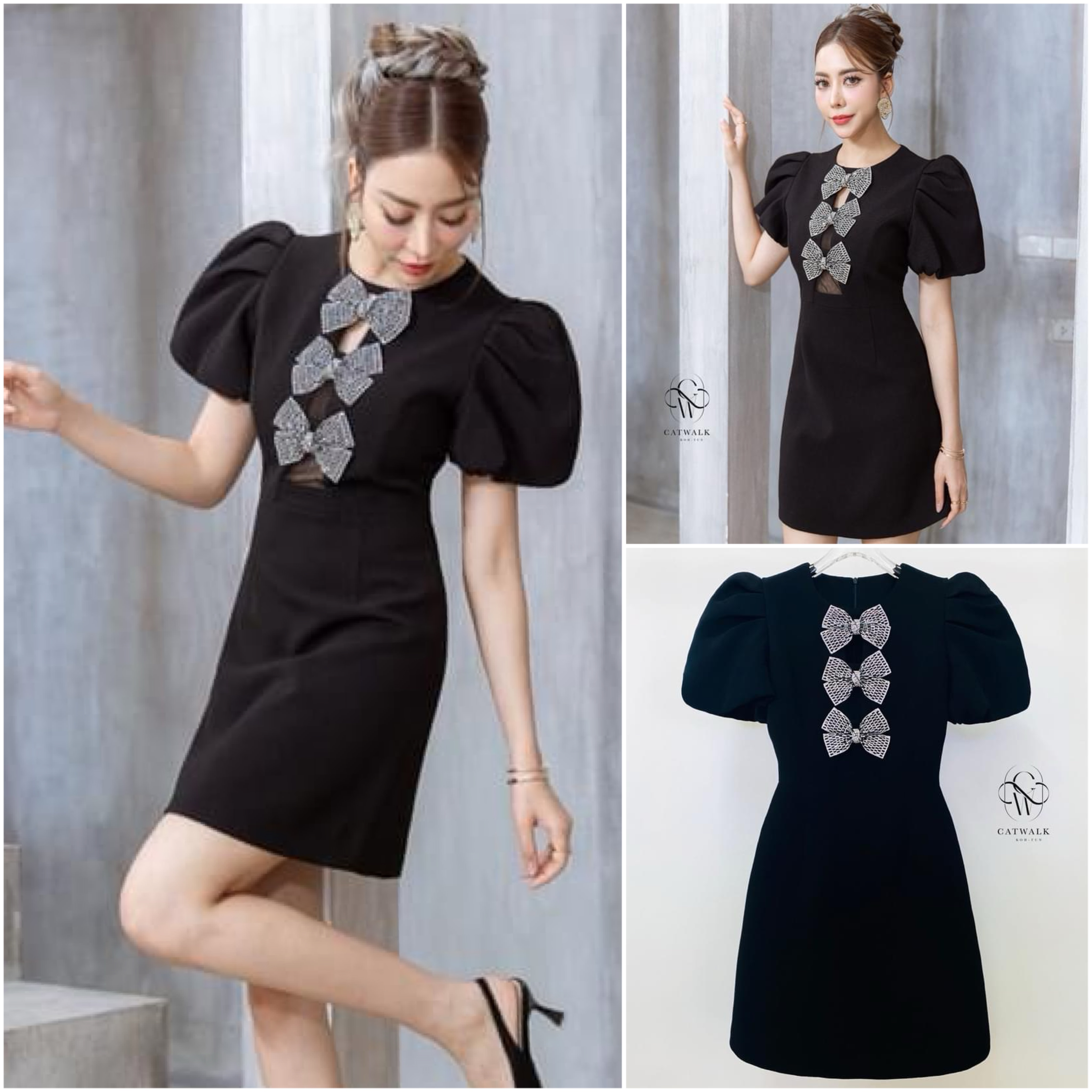 เดรสแขนพองแต่งโบว์เพชรอก เนื้อผ้าเกรดเอ ตัวชุดเป็นทรงเข้ารูป กระโปรงเป็นทรงA สินค้าคุณภาพ (พร้อมส่ง)