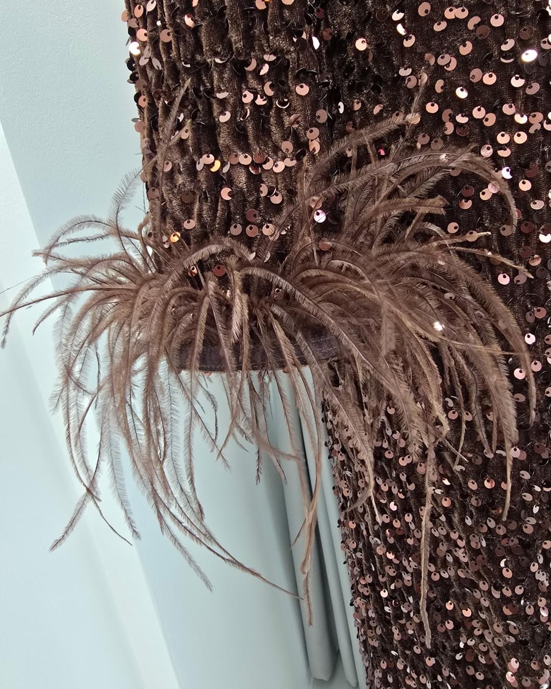 เดรสตัวยาว คอกลมแขนยาว แพทเทิร์น ทรงสวย ปลายแขนแต่งด้วยขนนก ปักเลื่อมเล่นแสงระยิบระยับทั้งตัว มีซิปซ่อนและซับในเต็มตัวค่ะ ใส่สบาย : สินค้าคุณภาพ (พร้อมส่ง)