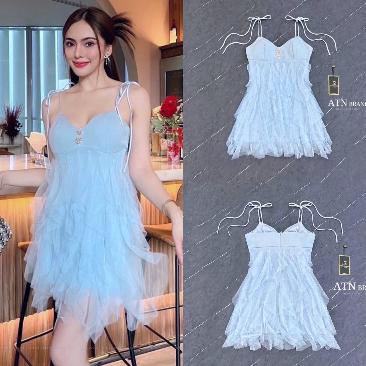 มินิเดรสสายเดี่ยวแต่งระบาย สีเทาอมฟ้า อกเสริมฟองน้ำ มีซิลินโคนกันลื่นรอบหน้าอก ซิปหลัง ซับในอย่างดีใส่สบาย สินค้าคุณภาพ (พร้อมส่ง)