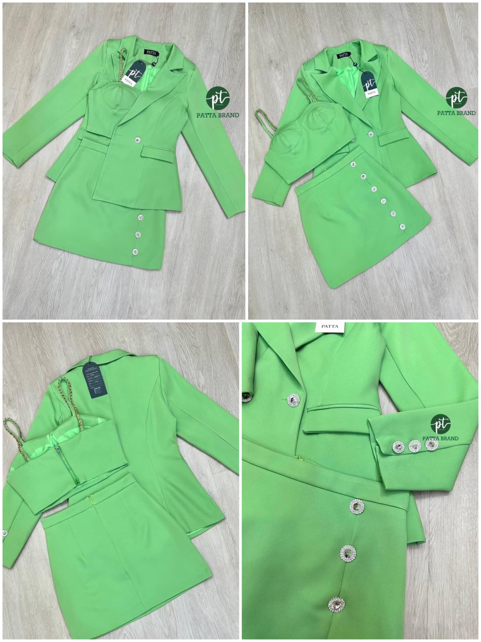 setสูท3ชิ้น เสื้อคลุมสูทแขนยาว คอปกไหล่เย็บเสริมฟองน้ำ มีเสื้อครอปตัวสั้นสายเดี่ยวเย็บแต่งอะไหล่ โซ่ทองอกเย็บเสริมฟองน้ำให้ดูทรงสวยมีซิปหลัง มาพร้อมกีบกระโปรงแต่งอะไหล่เพชรดูหรูหรา สินค้าคุณภาพ (พร้อมส่ง)