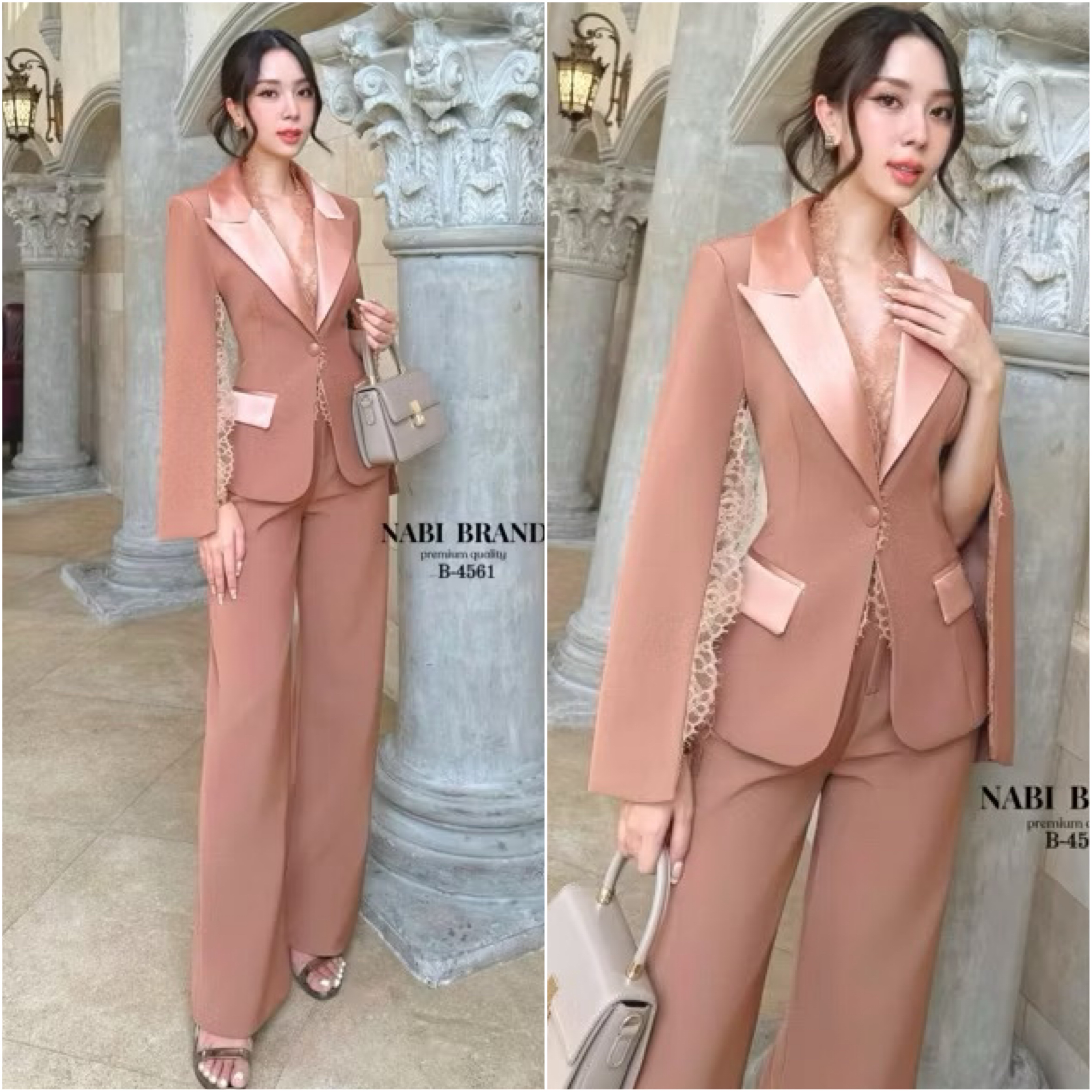 Set 2ชิ้น เสื้อคลุมช่วงแขนผ่าแต่ง ผ้าลูกไม้ ปกคอตัดด้วยผ้าเงามัน แต่งกระดุม 1เม็ด กระเป๋าใช้งานได้จริง มาคู่กับ กางเกงขากระบอกใหญ่ ใส่สบาย : สินค้าคุณภาพ (พร้อมส่ง)