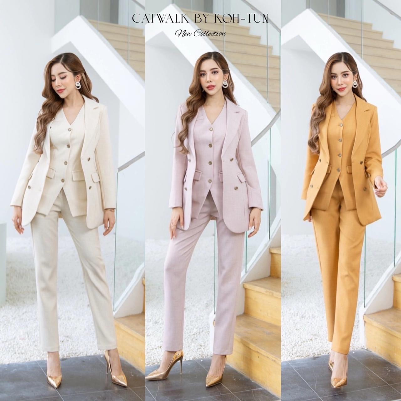 เซตBLAZER3ชิ้น ตัว BLAZER เป็นทรงเข้ารูป +เสื้อกั๊กครอปแขนกุด ทรงเข้ารูปคอวีใส่ไว้ด้านใน+กางเกงทรงขากระบอกเล็ก งานผ้าเกรดเอ เนื้อผ้ามีลายทอในตัว ใส่สบาย สินค้าคุณภาพ (พร้อมส่ง)